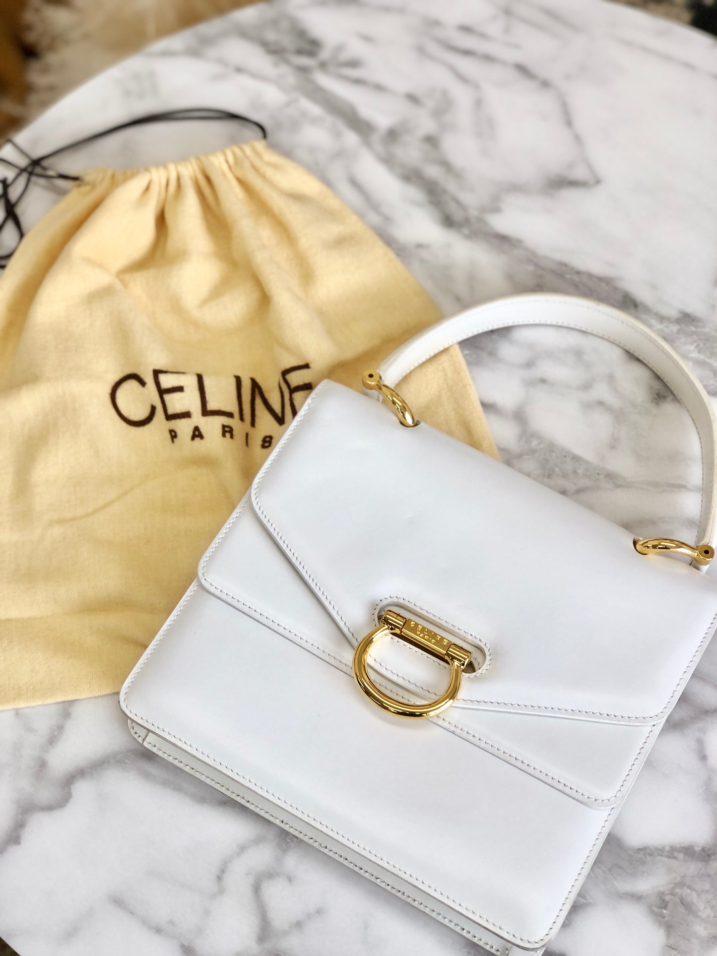 CELINE 馬銜扣雙翻蓋皮革手提包白色復古 mxrdau