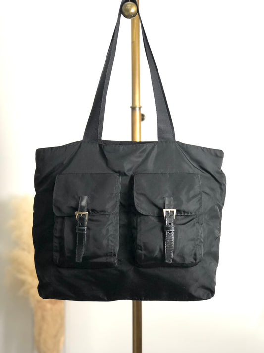 PRADA 三角形標誌雙口袋手提包托特包黑色復古 stpedt
