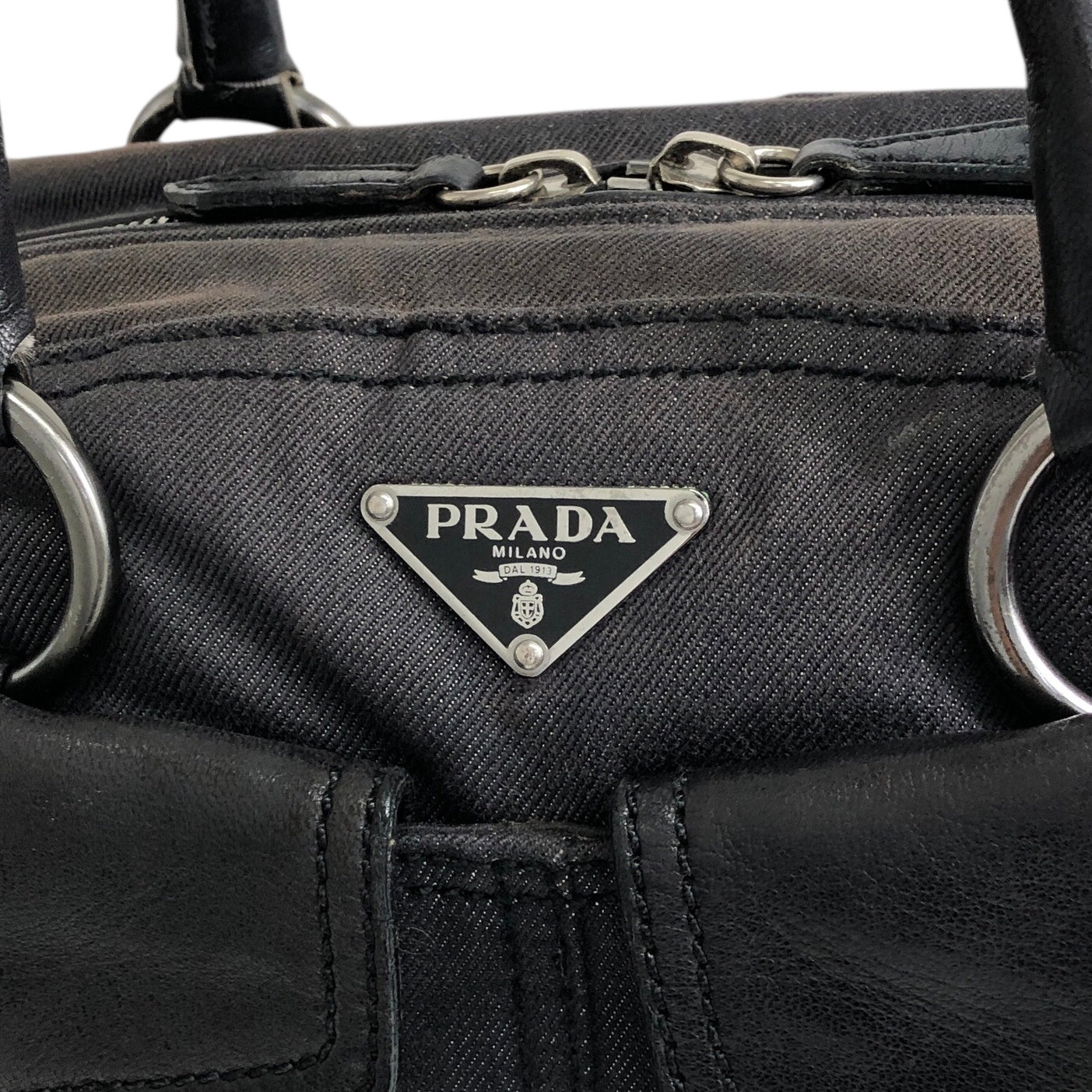 PRADA Triangle Logo Front Pocket Small Boston bag Handbag Black Vintage 7uz66d