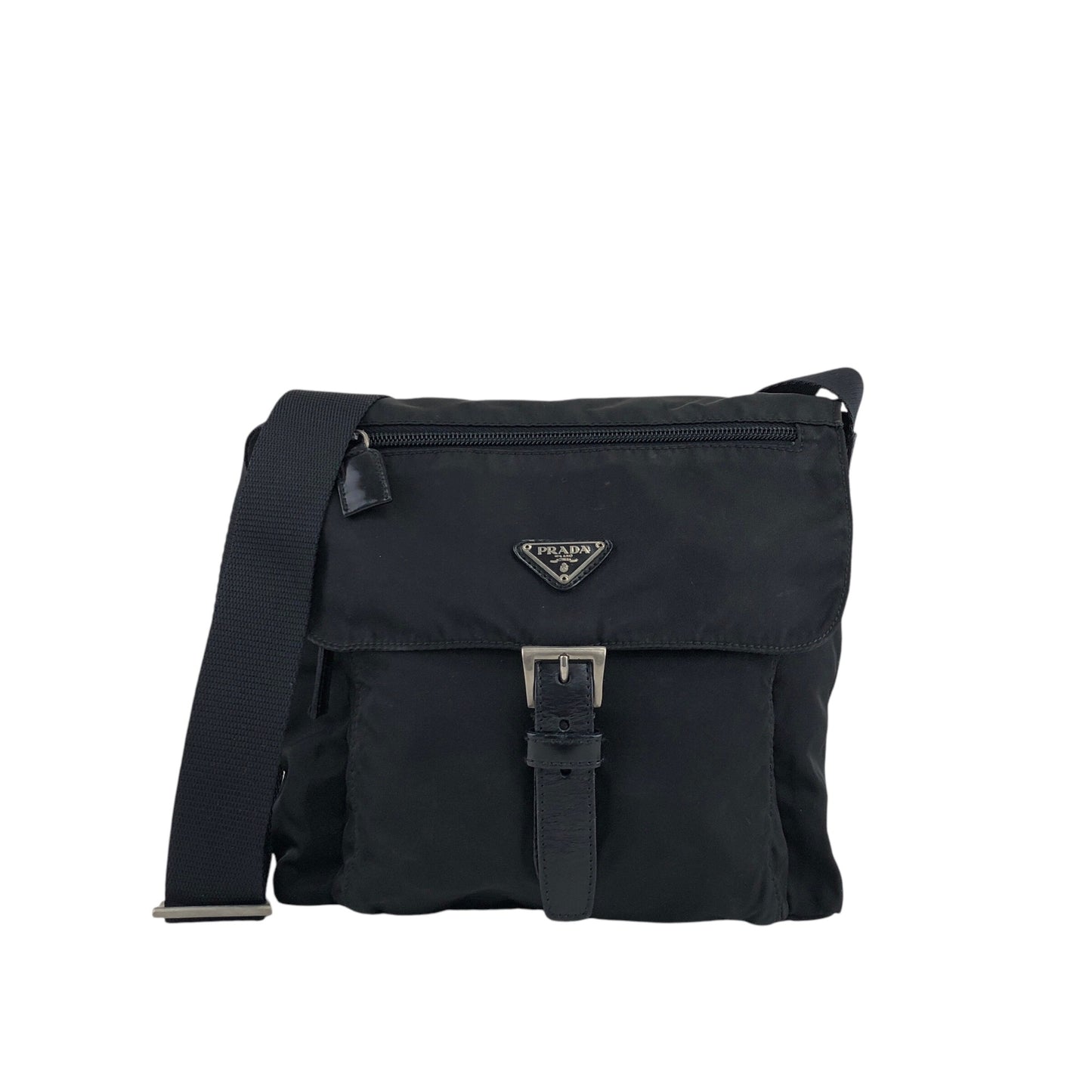 PRADA Tessuto Triangle Logo Front Buckle Shoulder bag Black Vintage uiz535