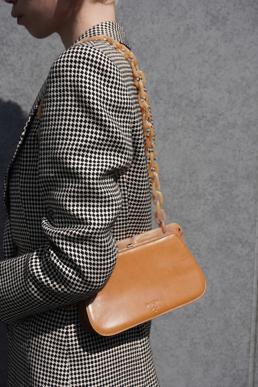 PRADA Logo Metal Clasp Chain Shoulder bag Brown Vintage 8f3n64