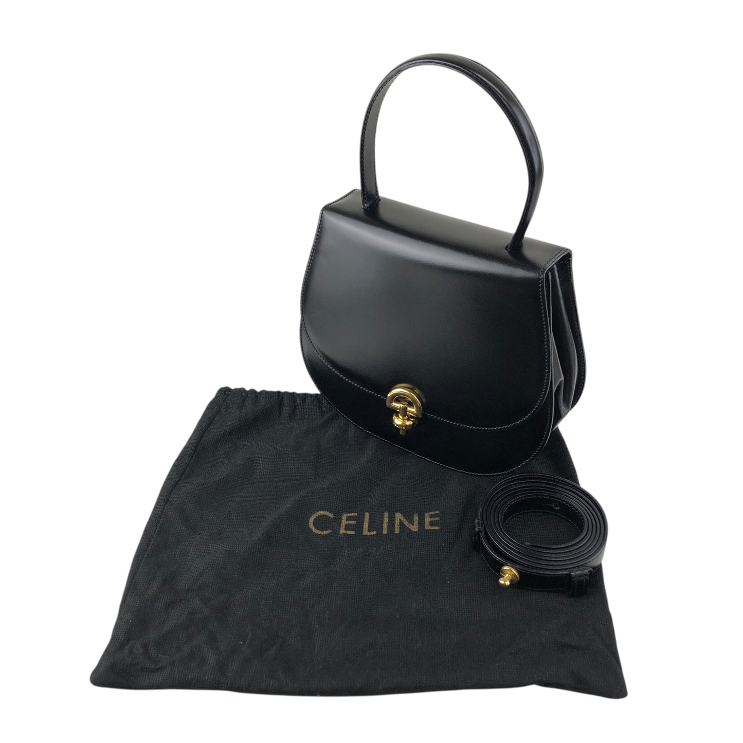 CELINE Front Buckle Two-way Handbag Shoulder bag Black Vintage htie7e
