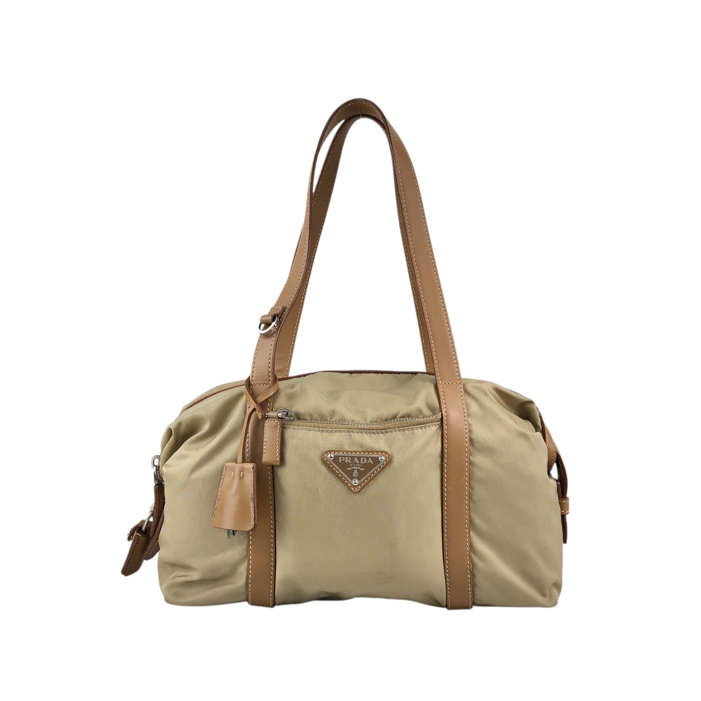 PRADA Tessuto Triangle Logo Small Boston bag Handbag Beige Vintage ib6juf