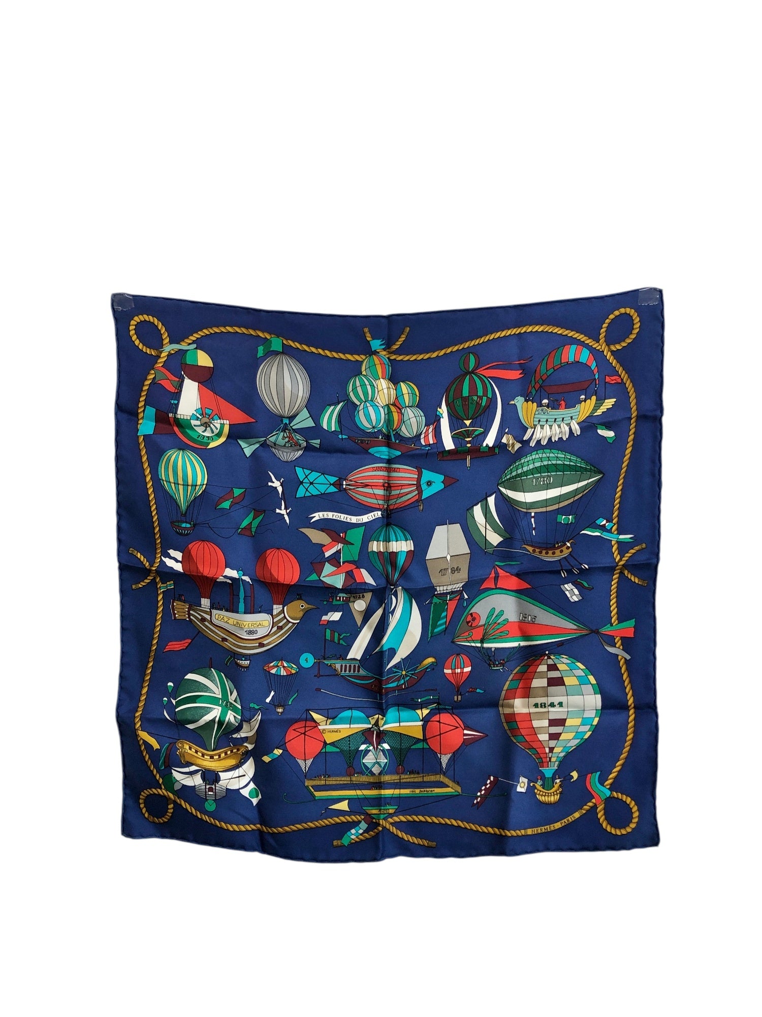 HERMES Silk Scarf Blue balloon motif LES FOLIES DU CIEL Vintage