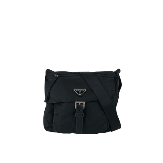PRADA Tessuto Triangle Logo Front Buckle Shoulder bag Black Vintage d42ma2