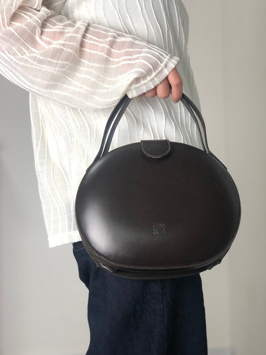 LOEWE Logo Embossed Round Handbag Brown Vintage pyjsv4