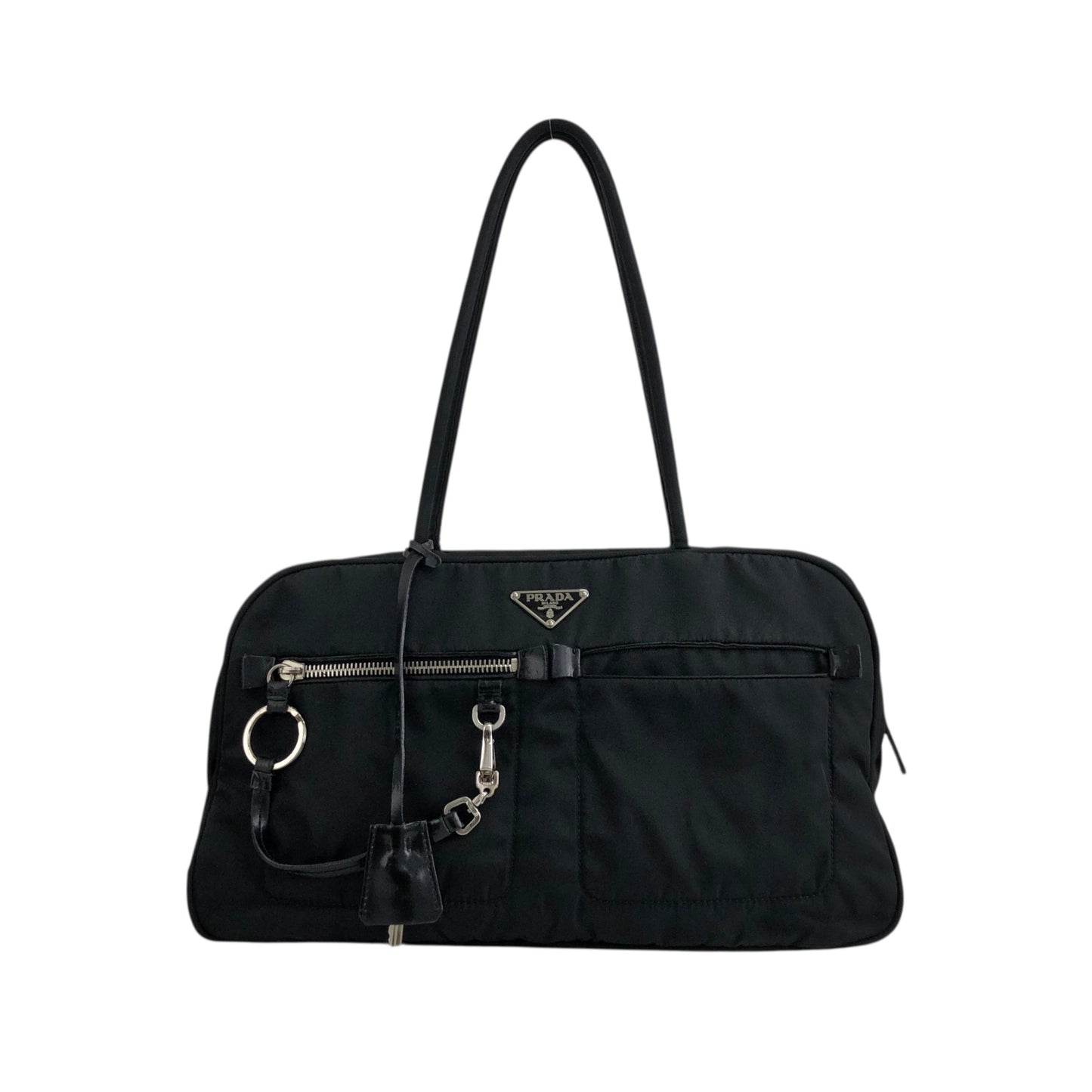 PRADA Triangle Logo Padlock Small Boston bag Handbag Black Vintage a5w87e