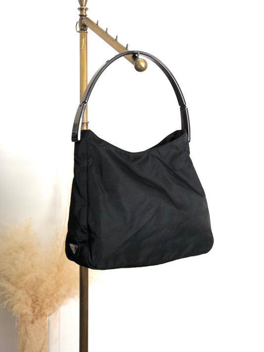 PRADA Tessuto Triangle Logo Shoulder bag Hobobag Black Vintage yrvu6f