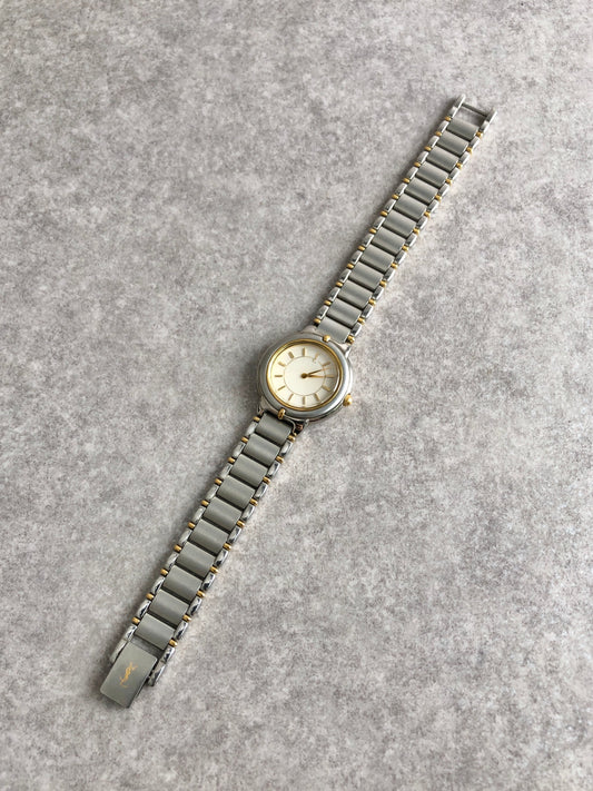 Yves Saint Laurent YSL Logo Quartz Watch Silver×Gold 5420-F45413 Vintage m3ywcg