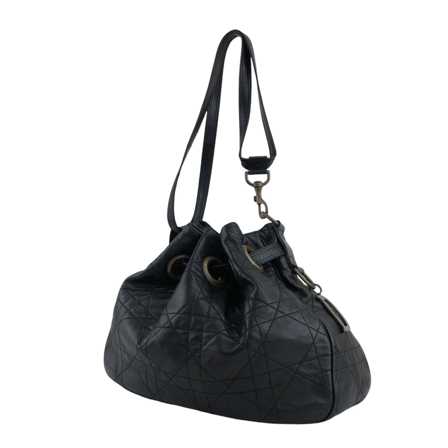 Christian Dior Cannage Logo Motif 抽繩肩背包 黑色 復古 ryhx6x