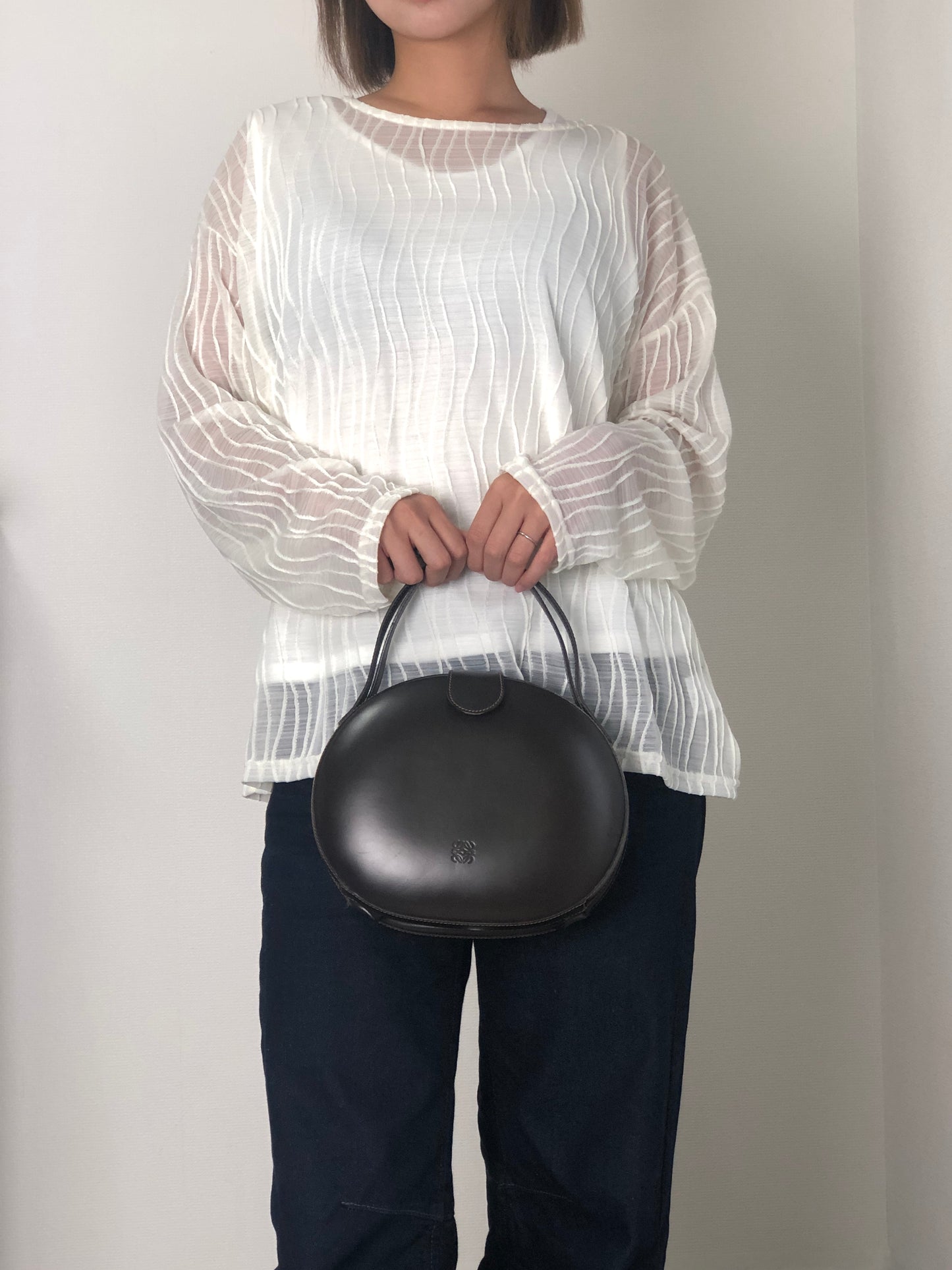 LOEWE Logo Embossed Round Handbag Brown Vintage pyjsv4