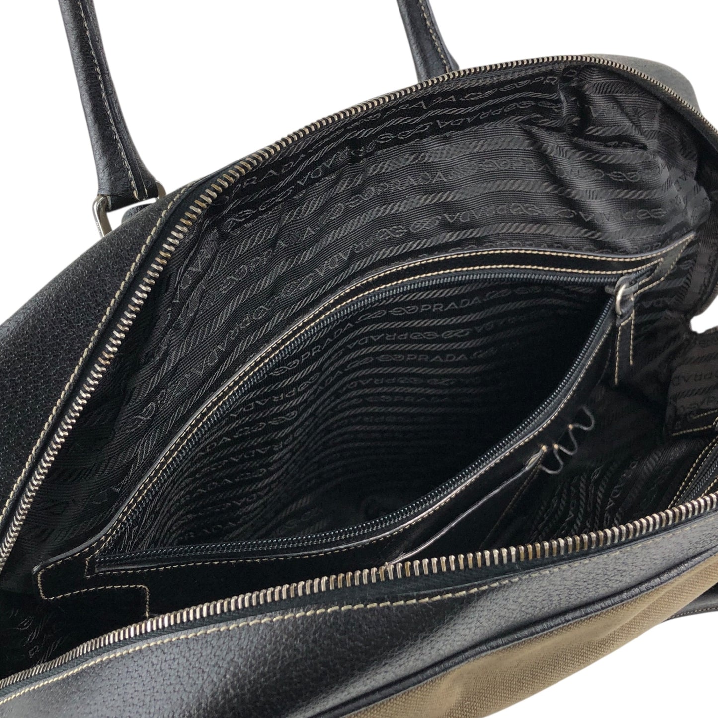 PRADA Triangle Logo Handbag Boston bag Black×Khaki Vintage 7dekxx