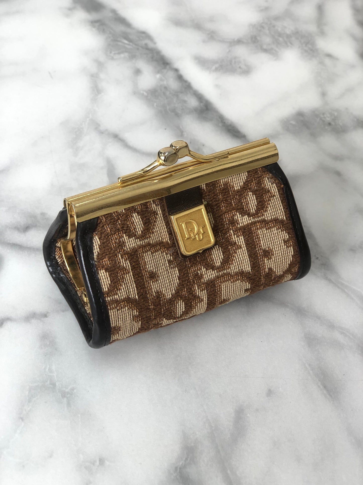 Christian Dior Trotter 提花皮革金屬扣零錢包棕色復古 mcrrev