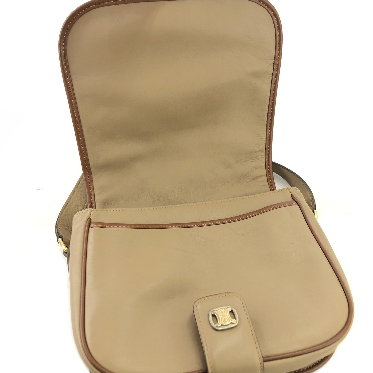 CELINE Triomphe Brown Piping Flap Leather Crossbody Shoulder bag Beige Vintage i8vt8s
