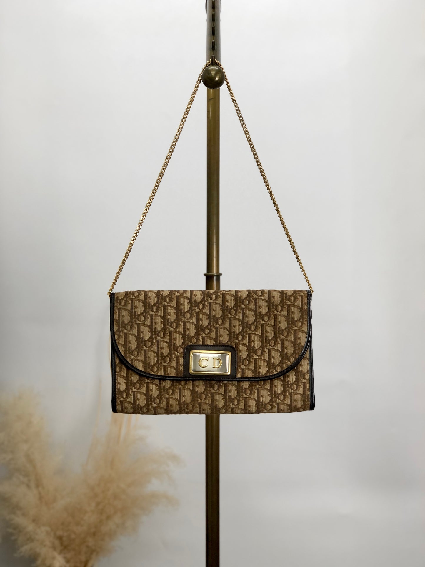 Christian Dior Trotter CD Logo 鏈條單肩包 棕色 復古 ctc6u5