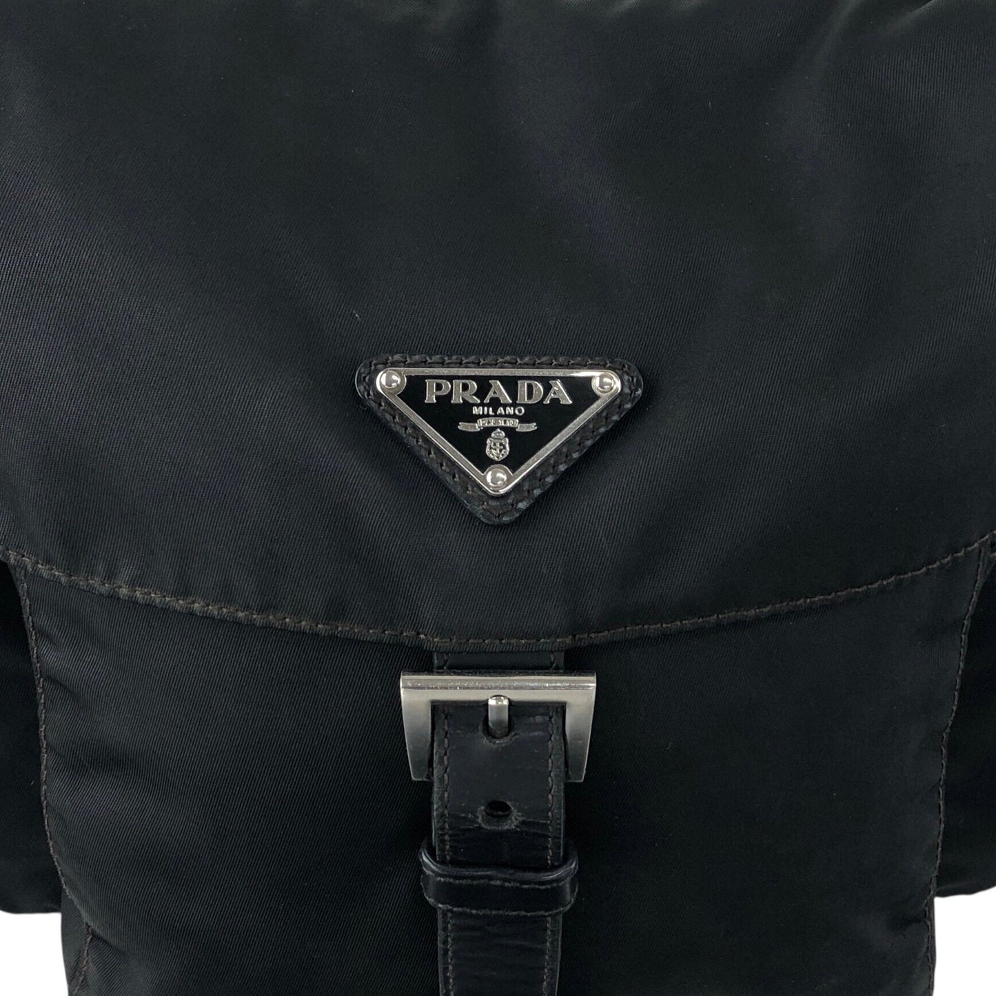 PRADA Tessuto Triangle Logo Front Buckle Side Pocket Shoulder bag Black Vintage 5whkzb