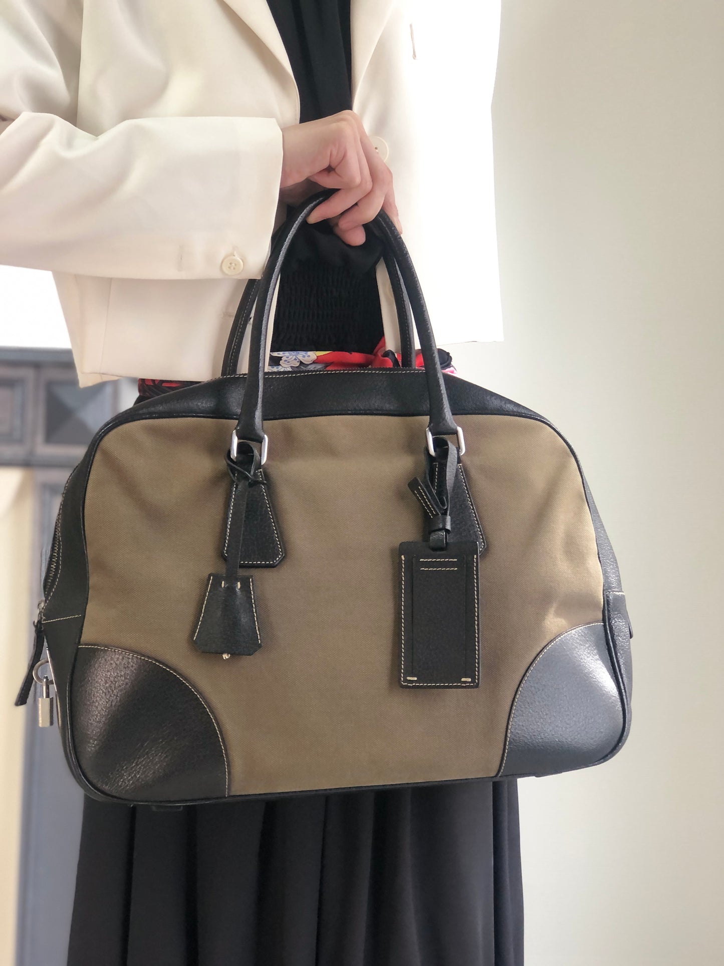 PRADA Triangle Logo Handbag Boston bag Black×Khaki Vintage 7dekxx