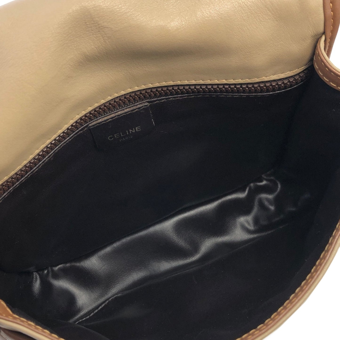 CELINE Triomphe Brown Piping Flap Leather Crossbody Shoulder bag Beige Vintage i8vt8s