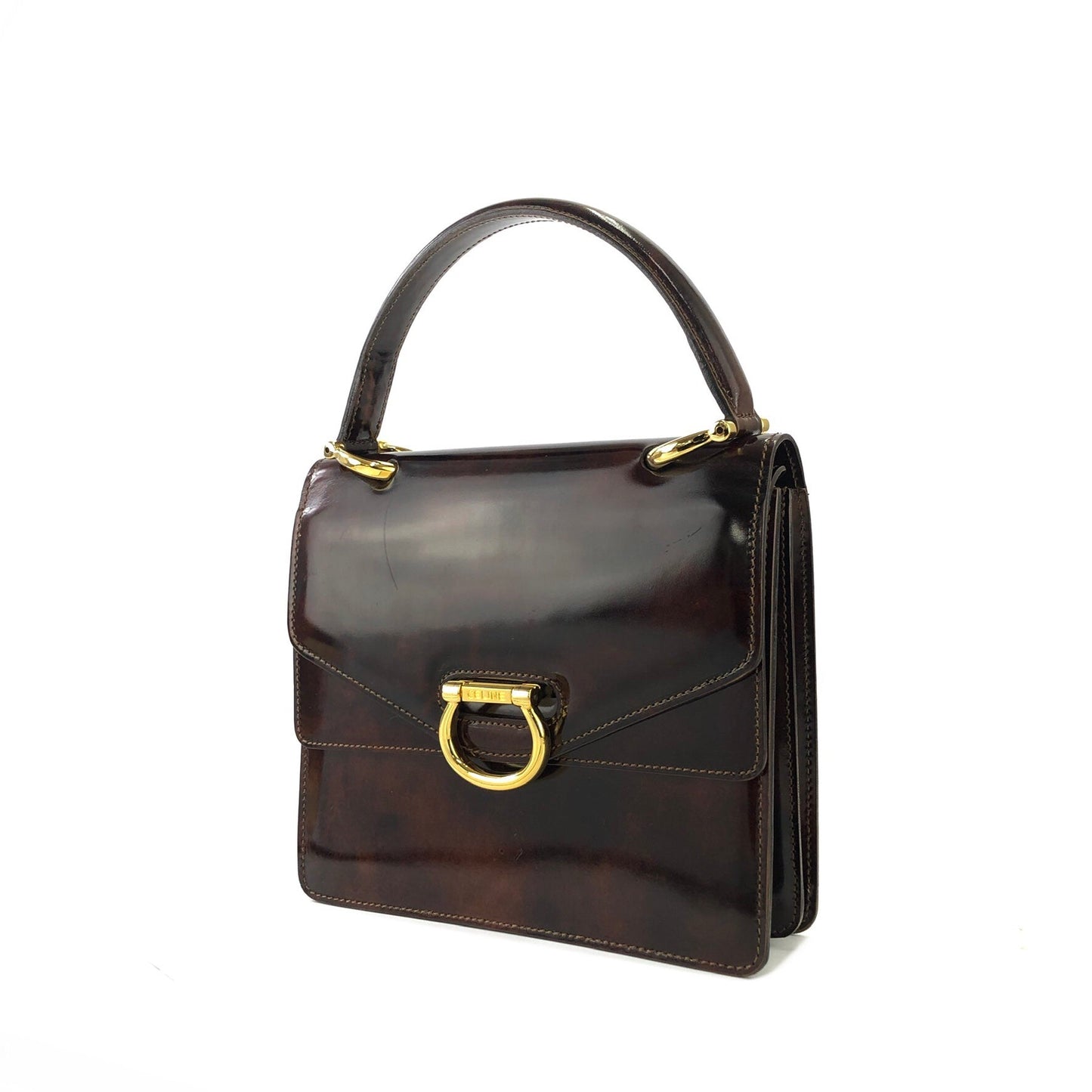 CELINE Gancini 雙翻蓋玳瑁漆皮手提包棕色復古 OldCELINE pb5ea5