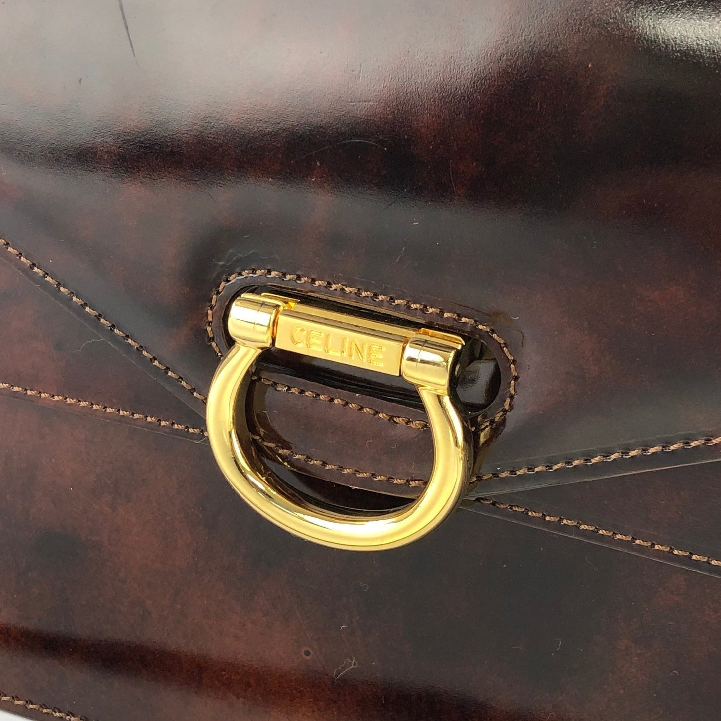 CELINE Gancini 雙翻蓋玳瑁漆皮手提包棕色復古 OldCELINE pb5ea5