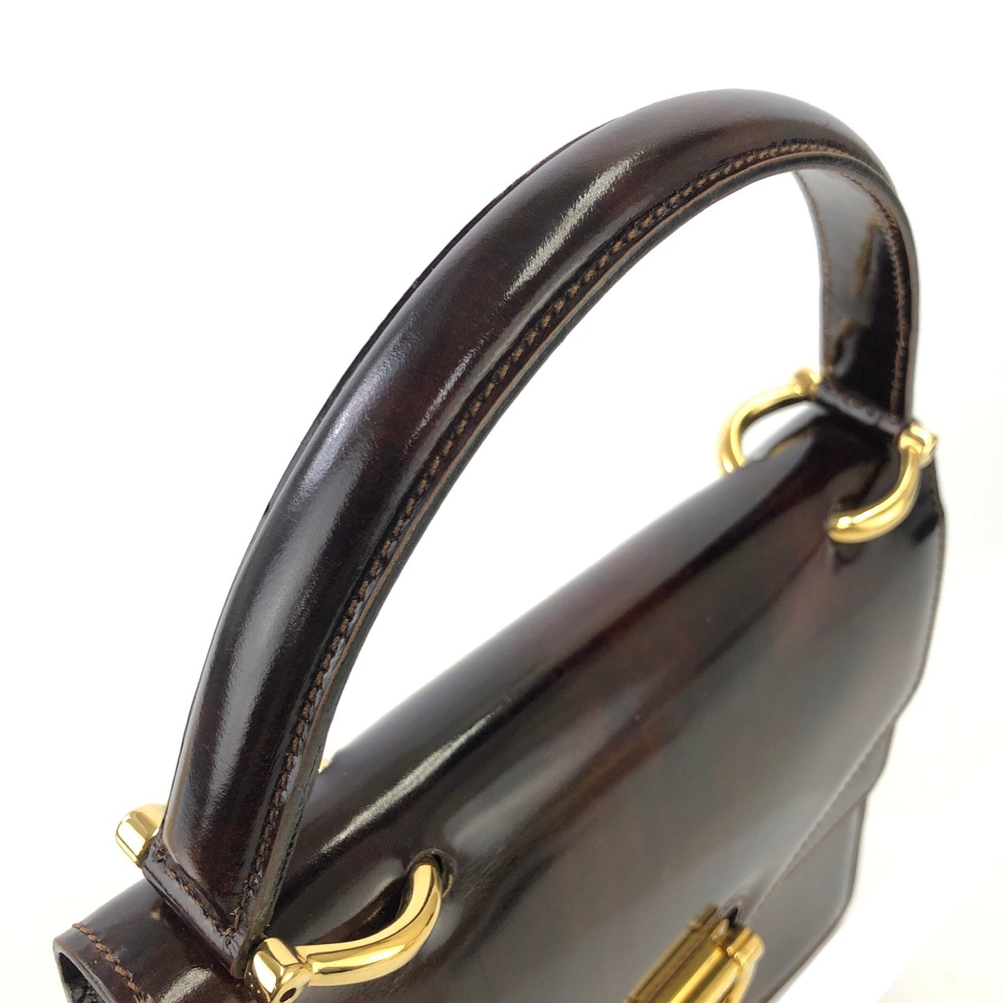 CELINE Gancini 雙翻蓋玳瑁漆皮手提包棕色復古 OldCELINE pb5ea5