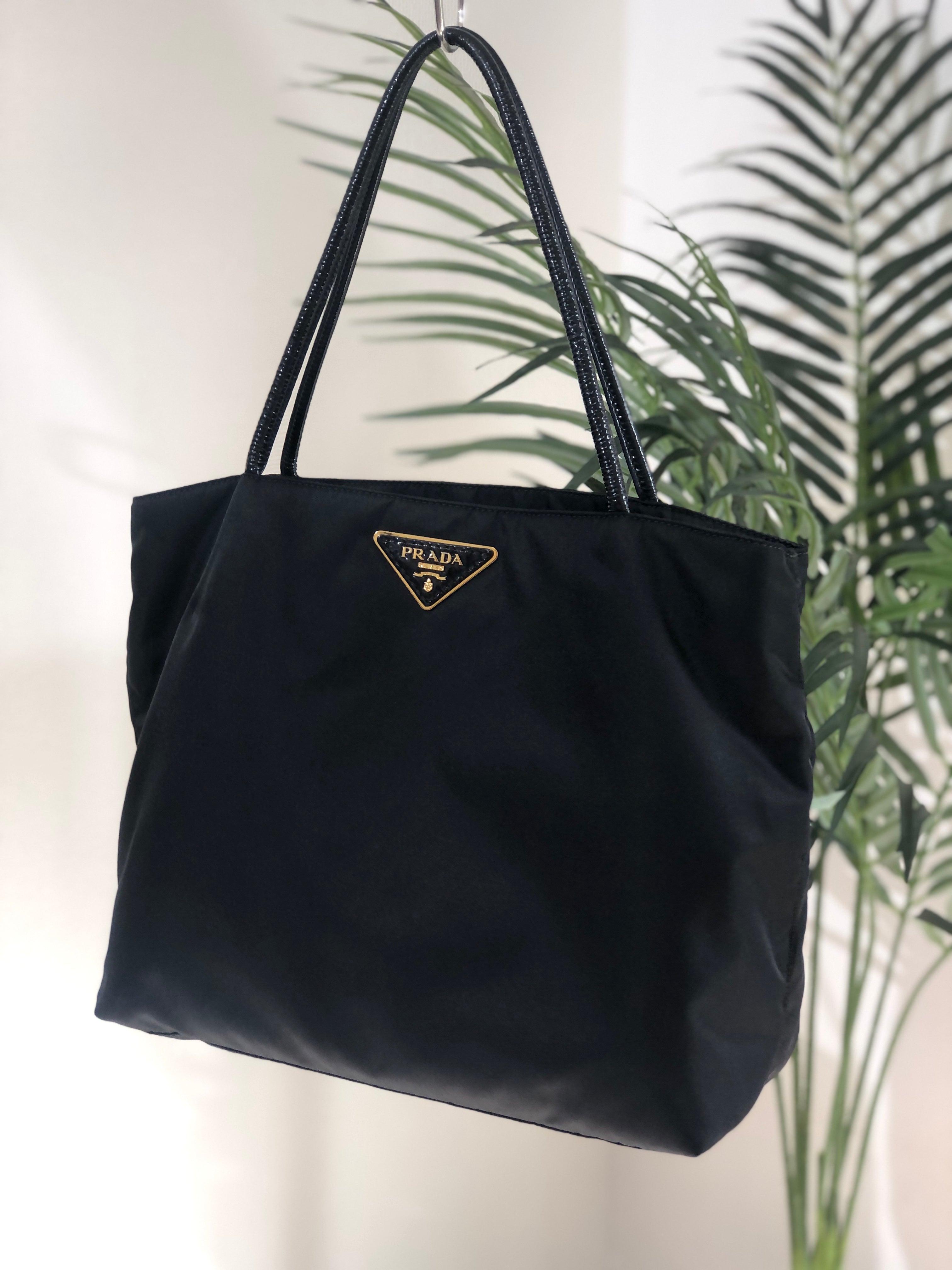 PRADA Triangle Logo Nylon Tote Bag Shoulder Bag Black Vintage Old