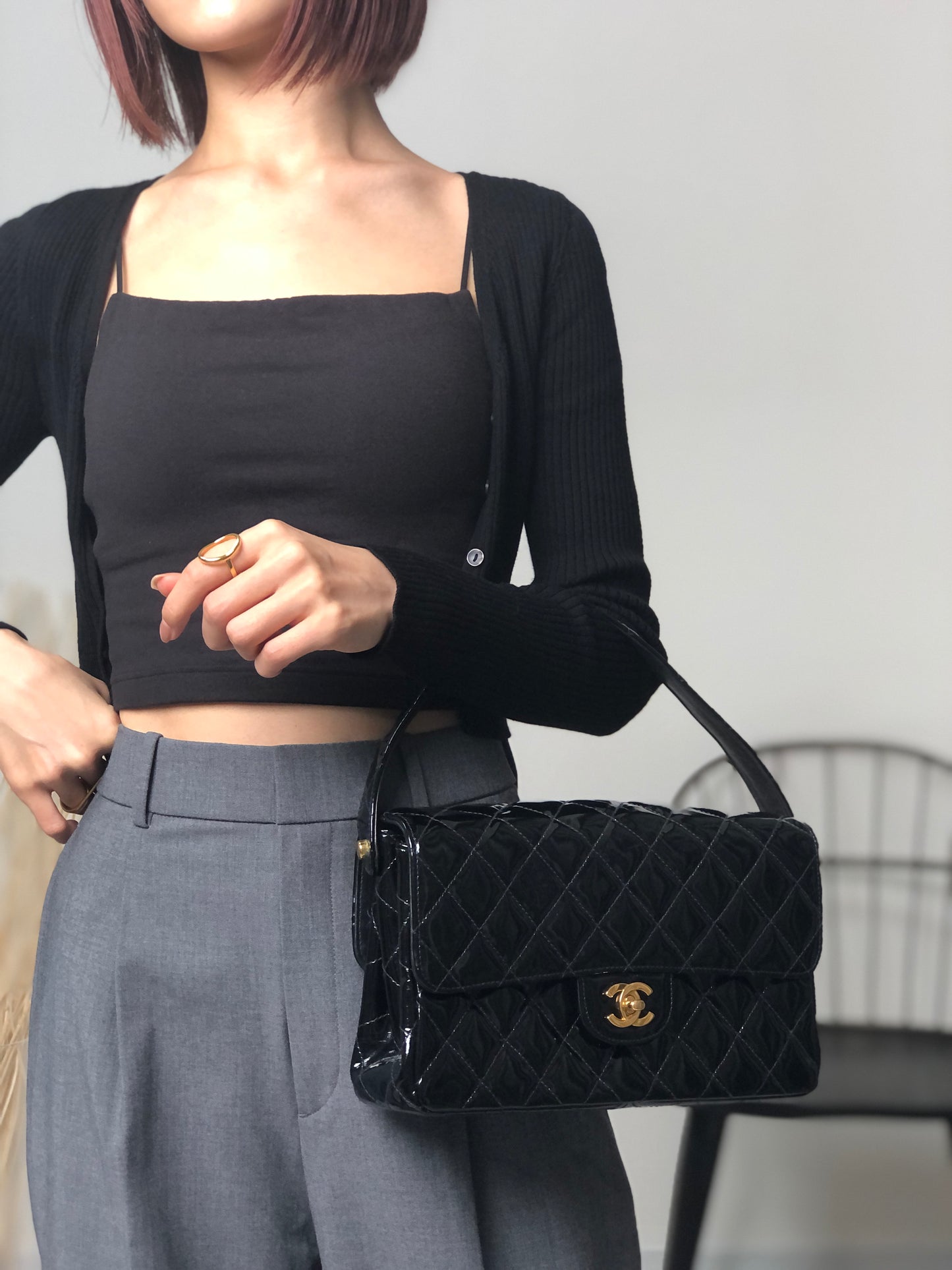 CHANEL Matelasse Coco Mark 手提包黑色復古 kdmcy3