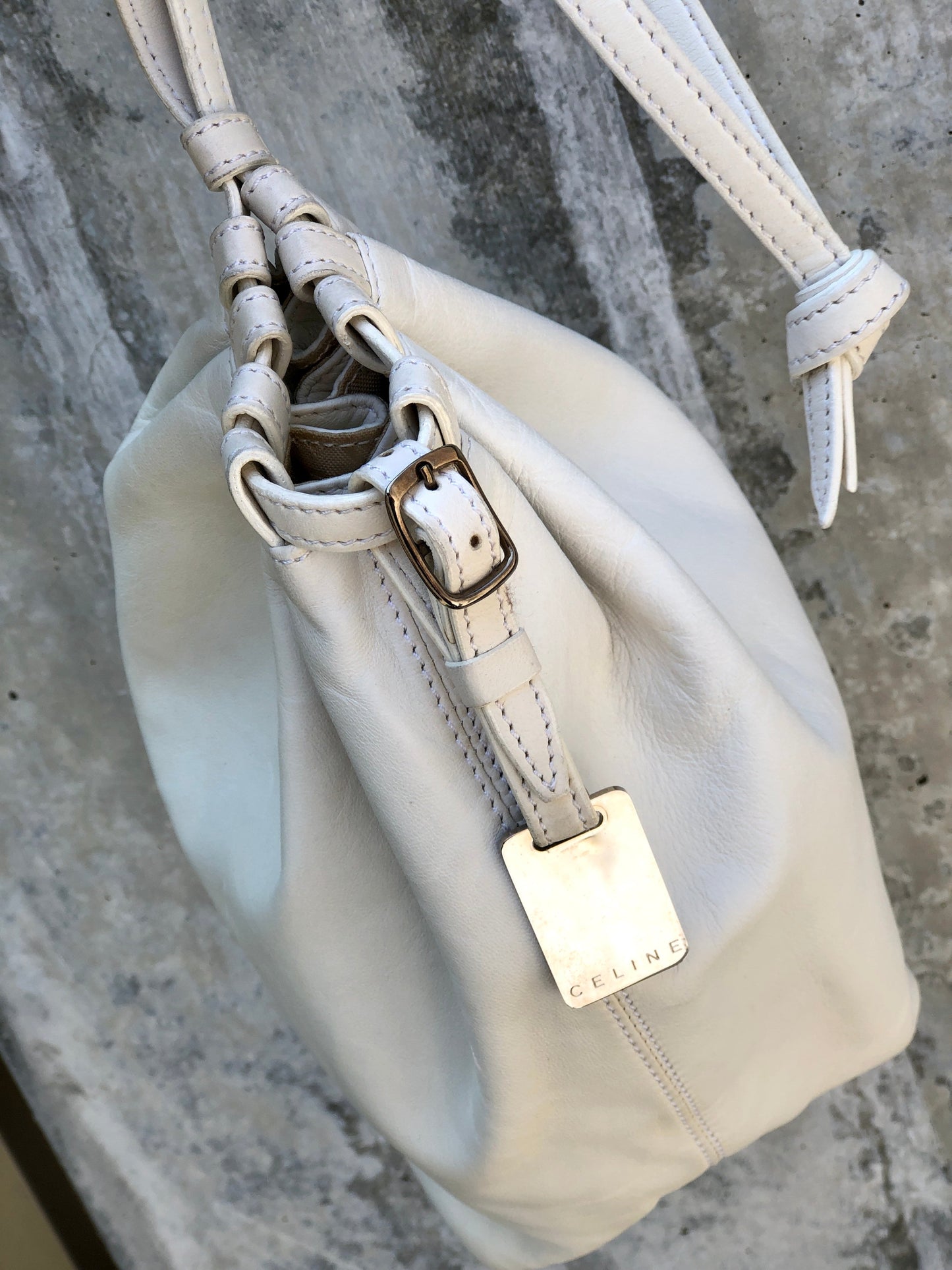 CELINE Logo Drawstring Handbag White Vintage Old Celine em8cxw