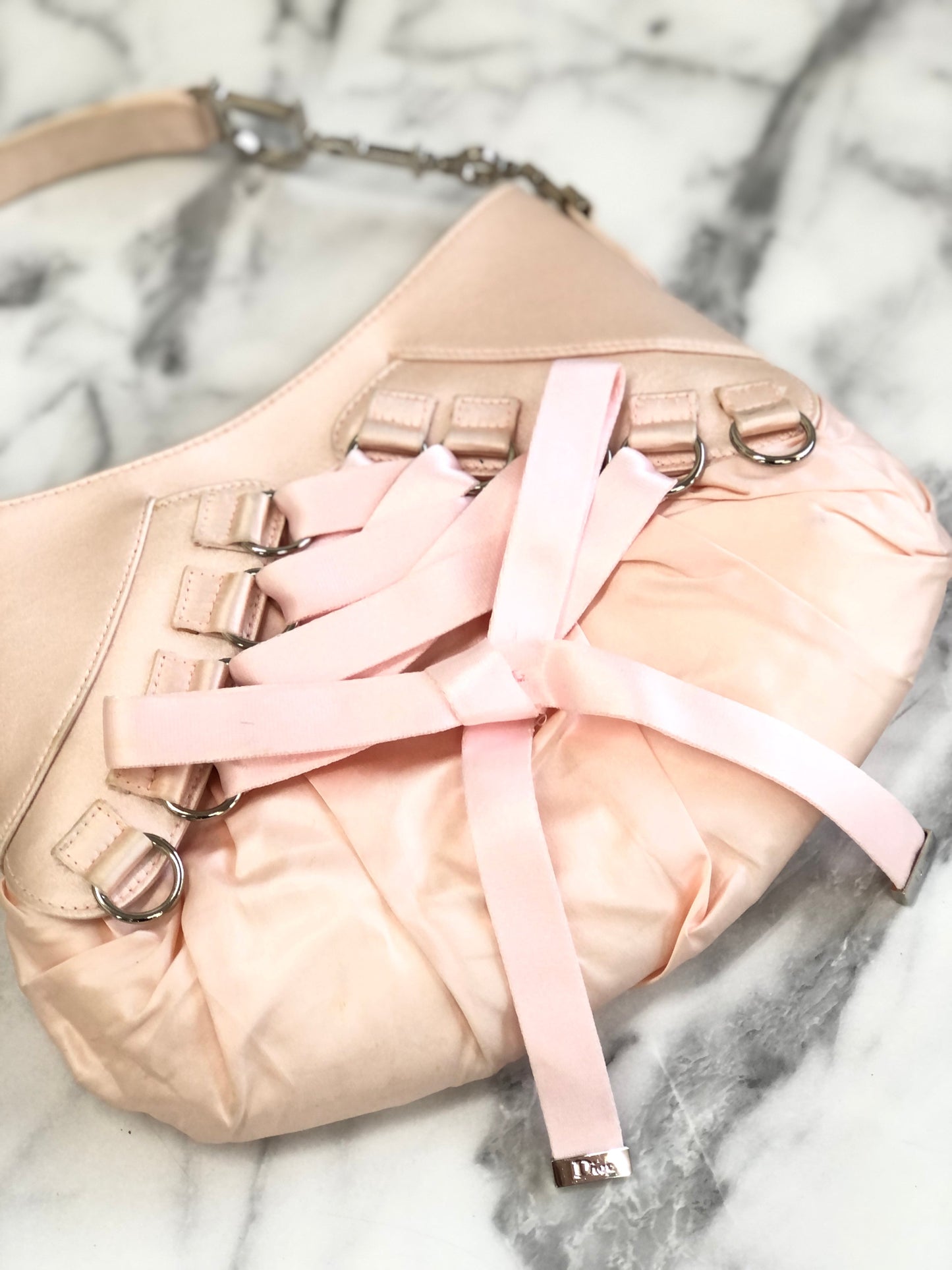 Christian Dior Logo Lace up Satin Handbag Pink Vintage ybskij