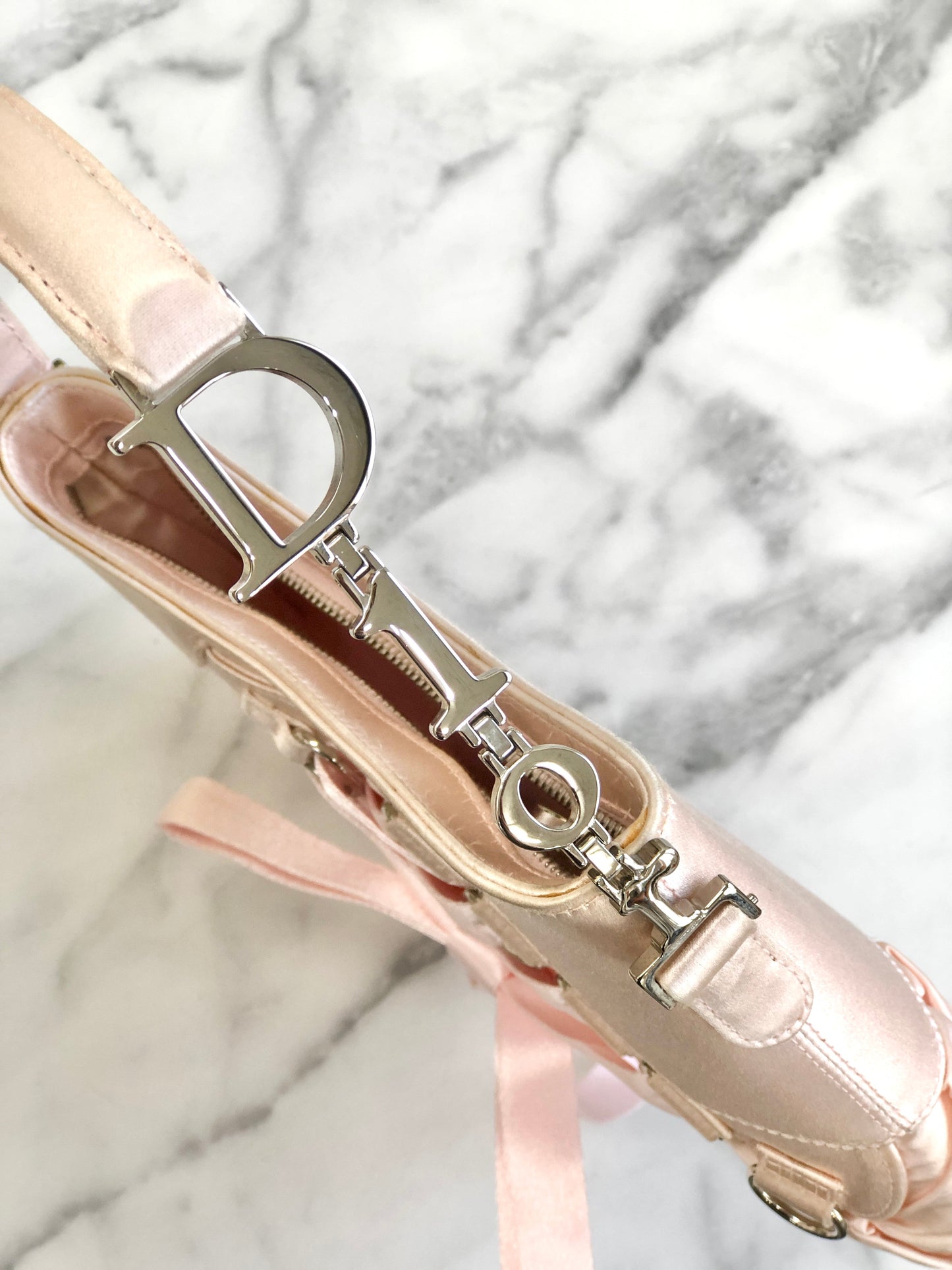 Christian Dior Logo Lace up Satin Handbag Pink Vintage ybskij