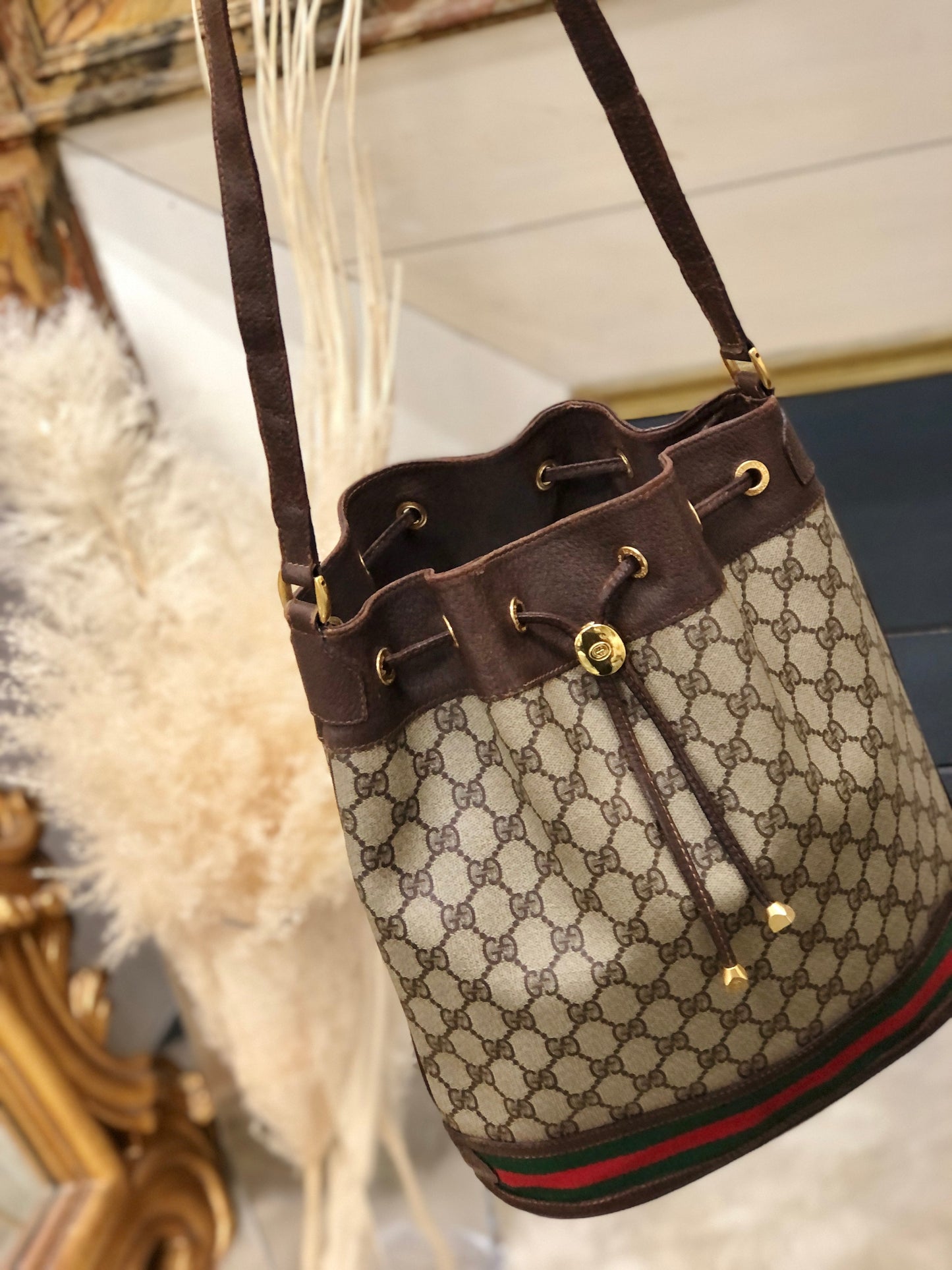 GUCCI Sherry line Drawstring Shoulder bag Brown Vintage Old Gucci cu5hat