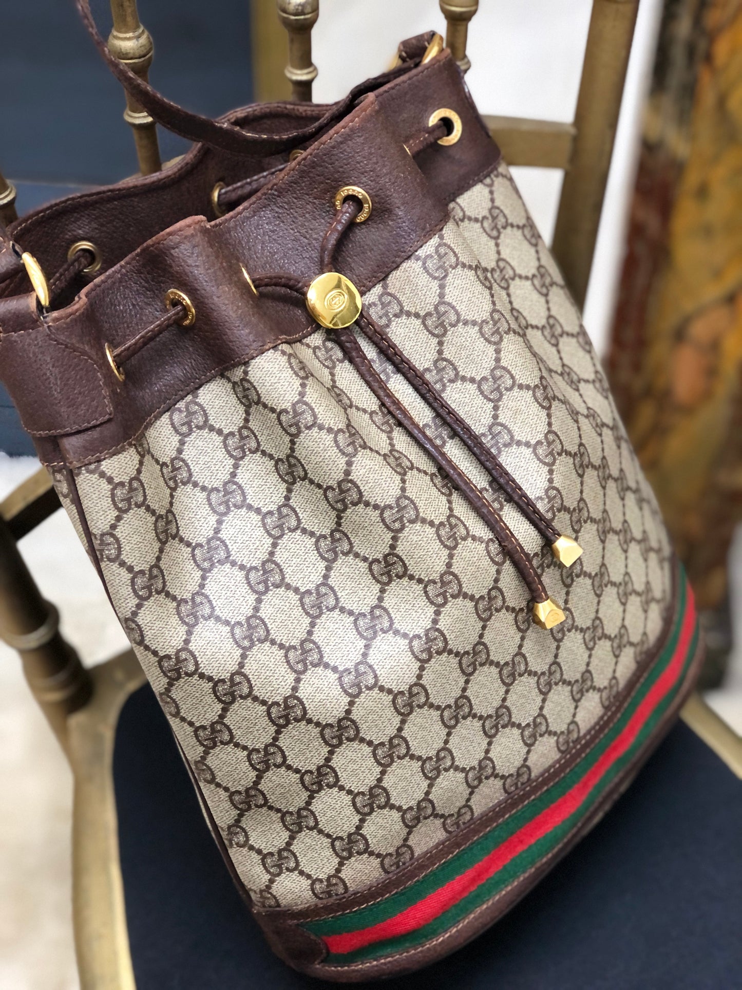 GUCCI Sherry line Drawstring Shoulder bag Brown Vintage Old Gucci cu5hat