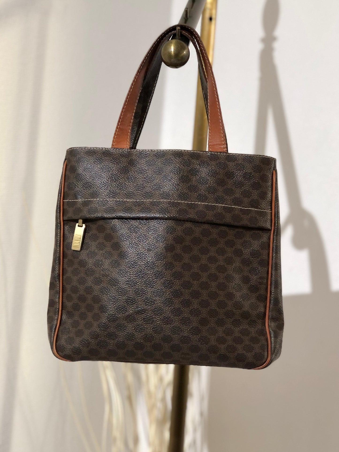 CELINE Celine Madameka PVC Leather Front Zipper Square Tote Bag Brown Vintage Old Celine mpgnga