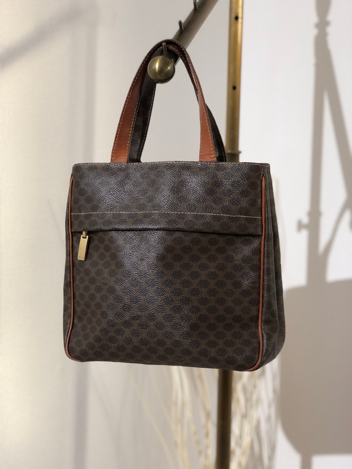CELINE Celine Madameka PVC Leather Front Zipper Square Tote Bag Brown Vintage Old Celine mpgnga