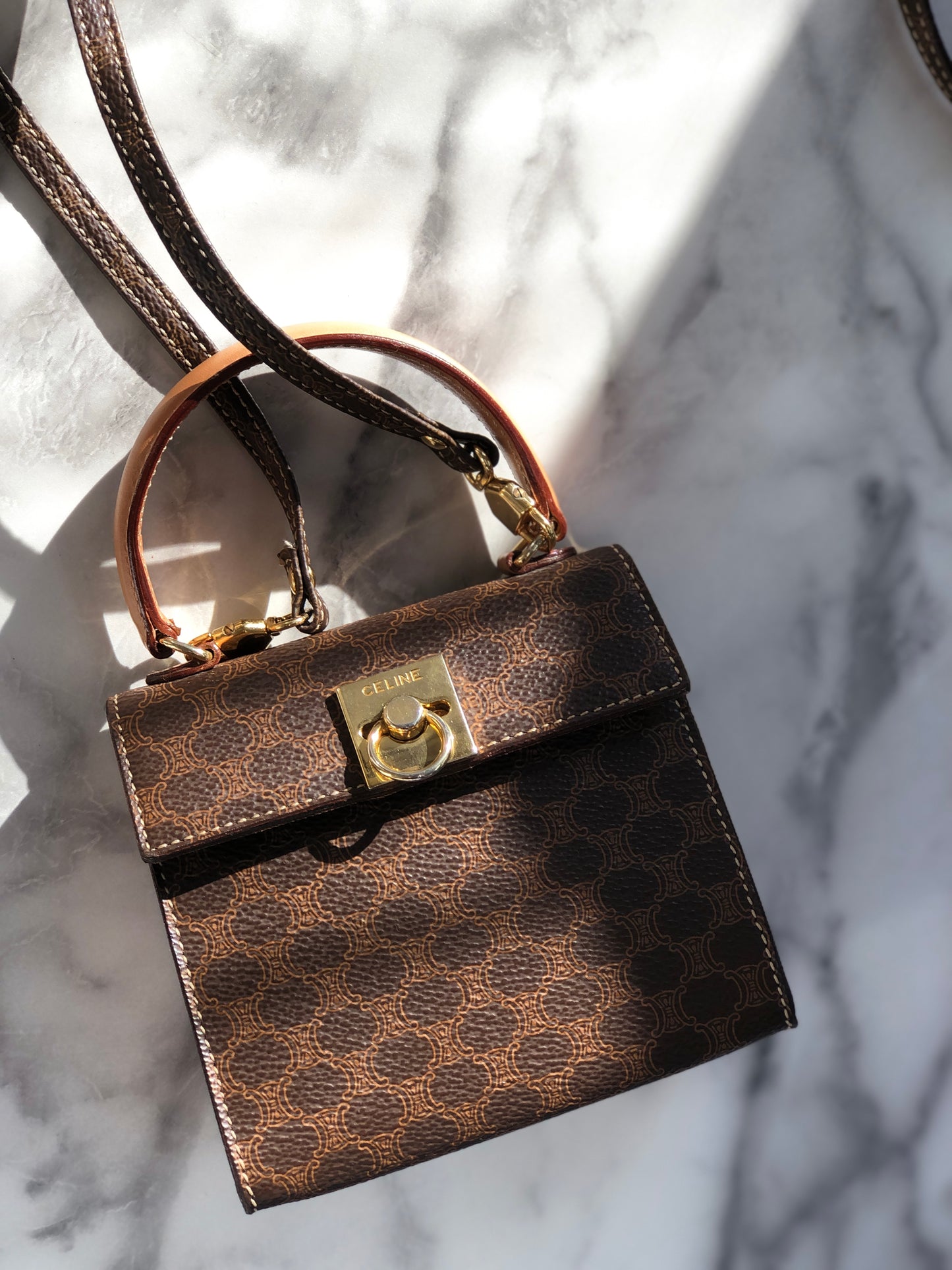 CELINE Macadam Gancini Two-way Handbag Shoulder bag Brown Vintage sasmug