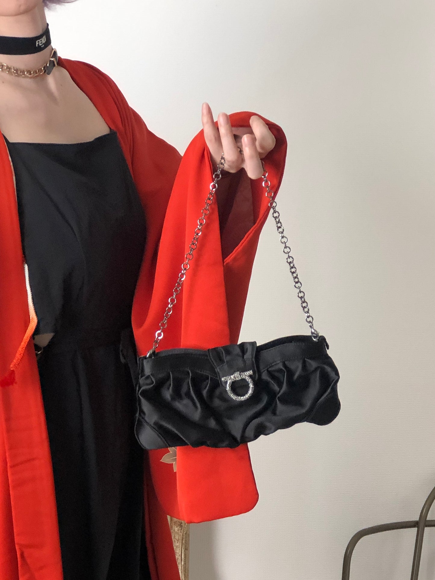 Salvatore Ferragamo Gancini Rhinestone Chain Shoulder bag Black Vintage nibfdw