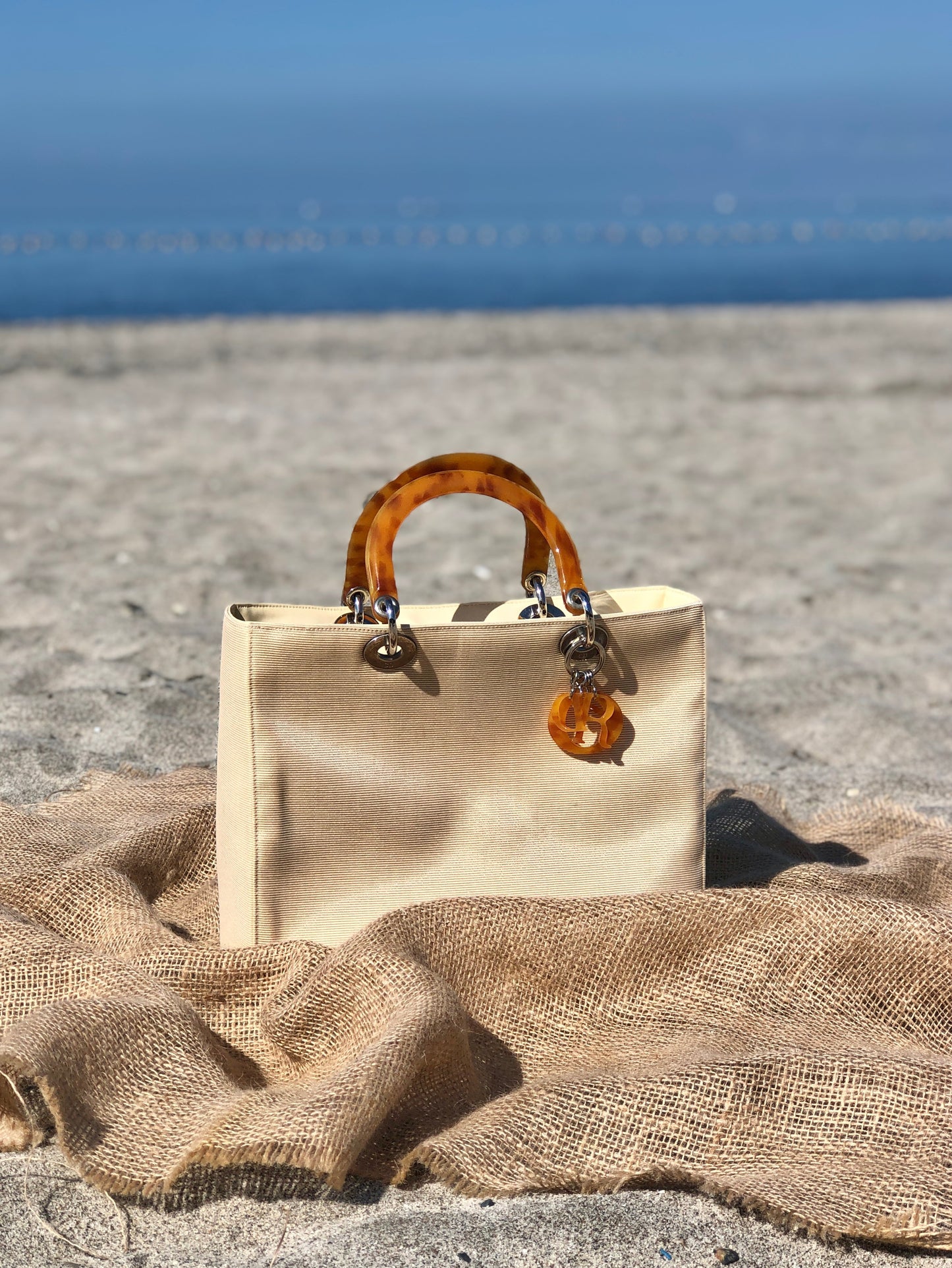 Christian Dior Lady Dior Cannage Tortoiseshell Handle Handbag Beige Vintage w2bk7y