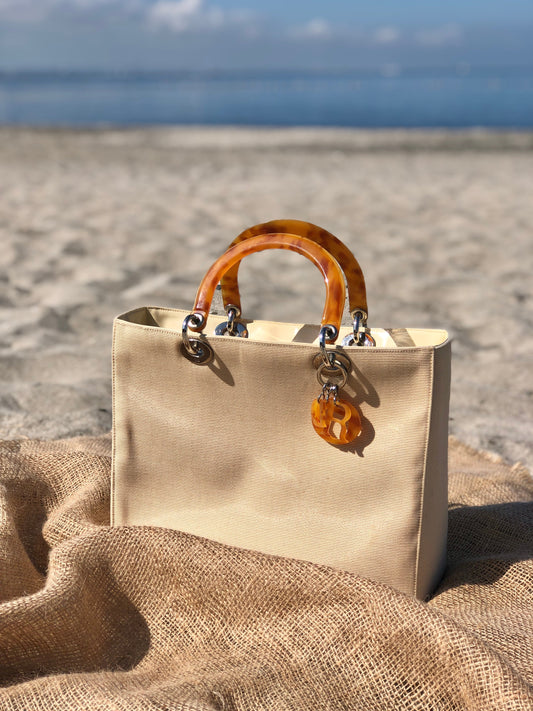 Christian Dior Lady Dior Cannage Tortoiseshell Handle Handbag Beige Vintage w2bk7y