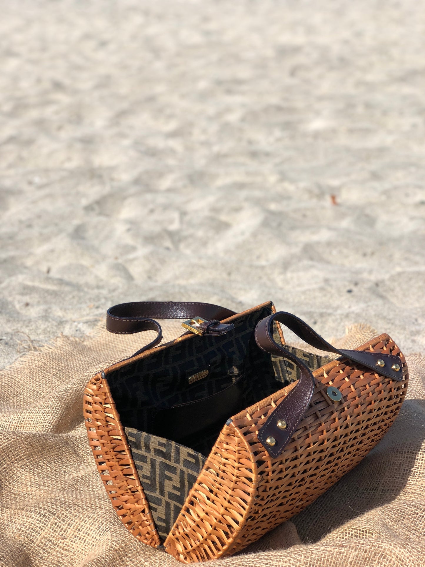FENDI Rattan Basket bag Handbag Zucca Brown Vintage Old xzipdf