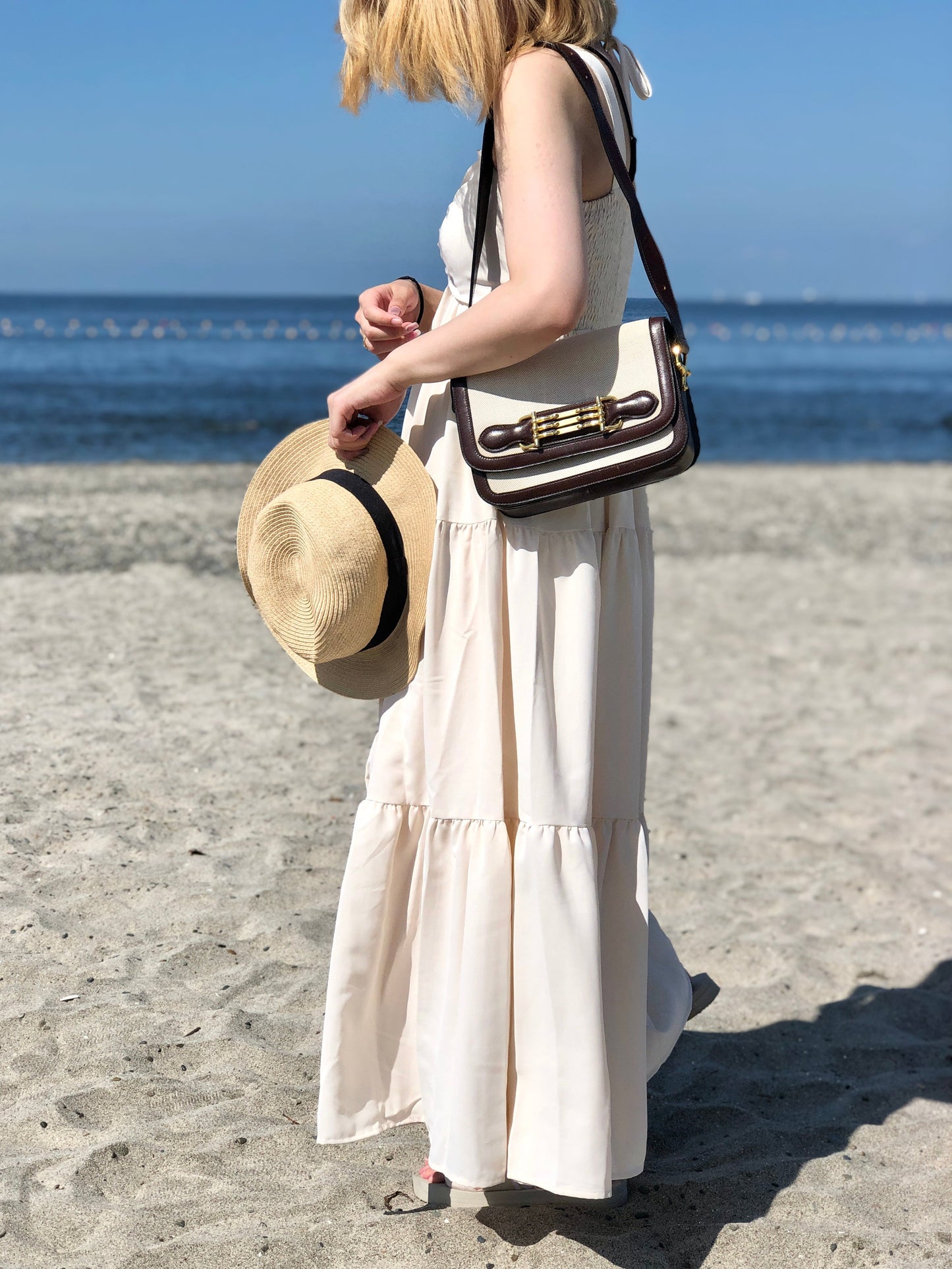 CELINE Horsebit Canvas Shoulderbag Beige Vintage OldCELINE dv4pv7