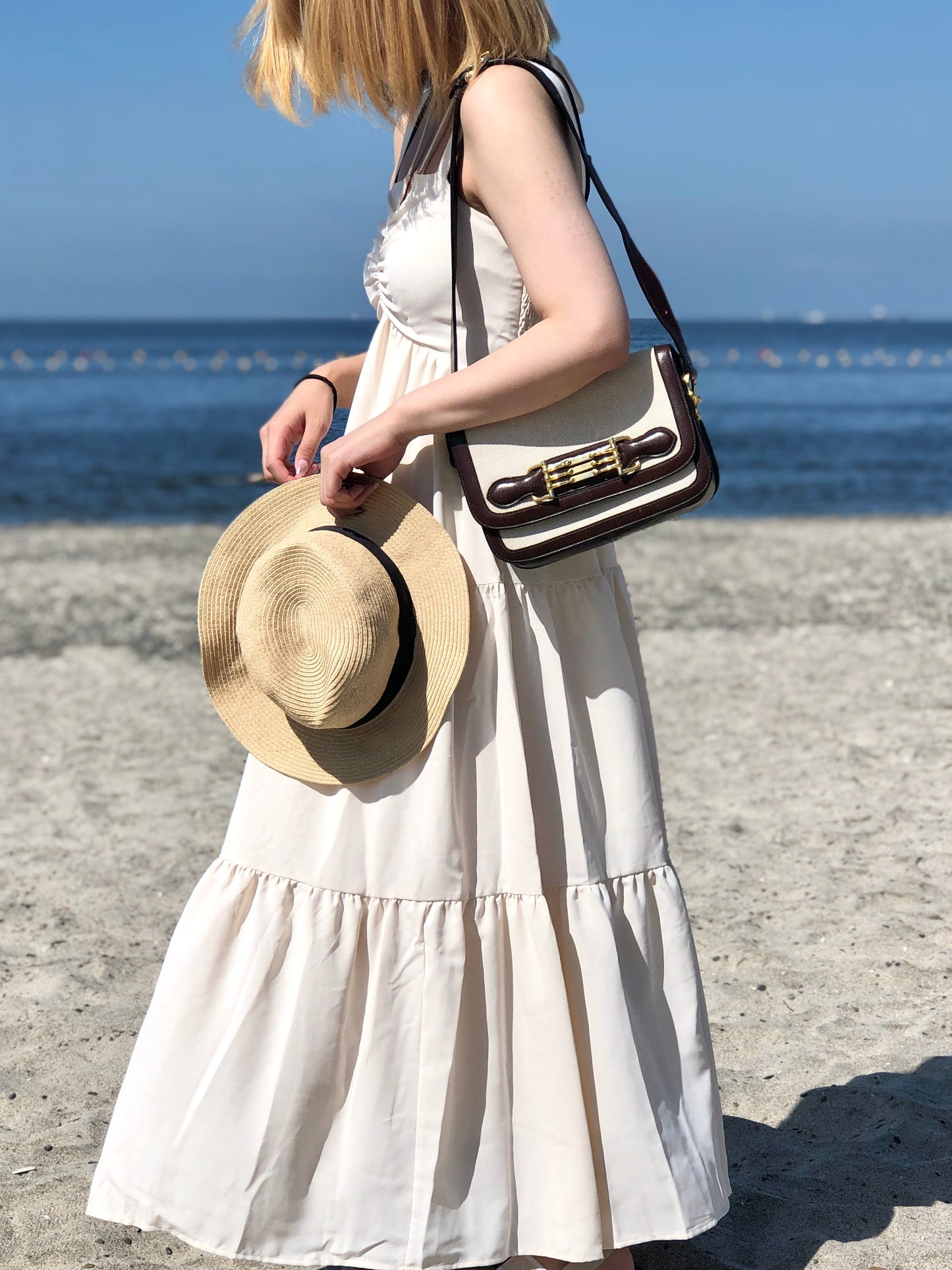 CELINE Horsebit Canvas Shoulderbag Beige Vintage OldCELINE dv4pv7
