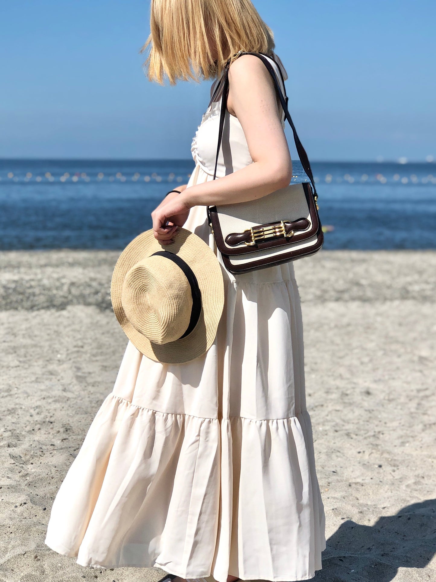 CELINE Horsebit Canvas Shoulderbag Beige Vintage OldCELINE dv4pv7