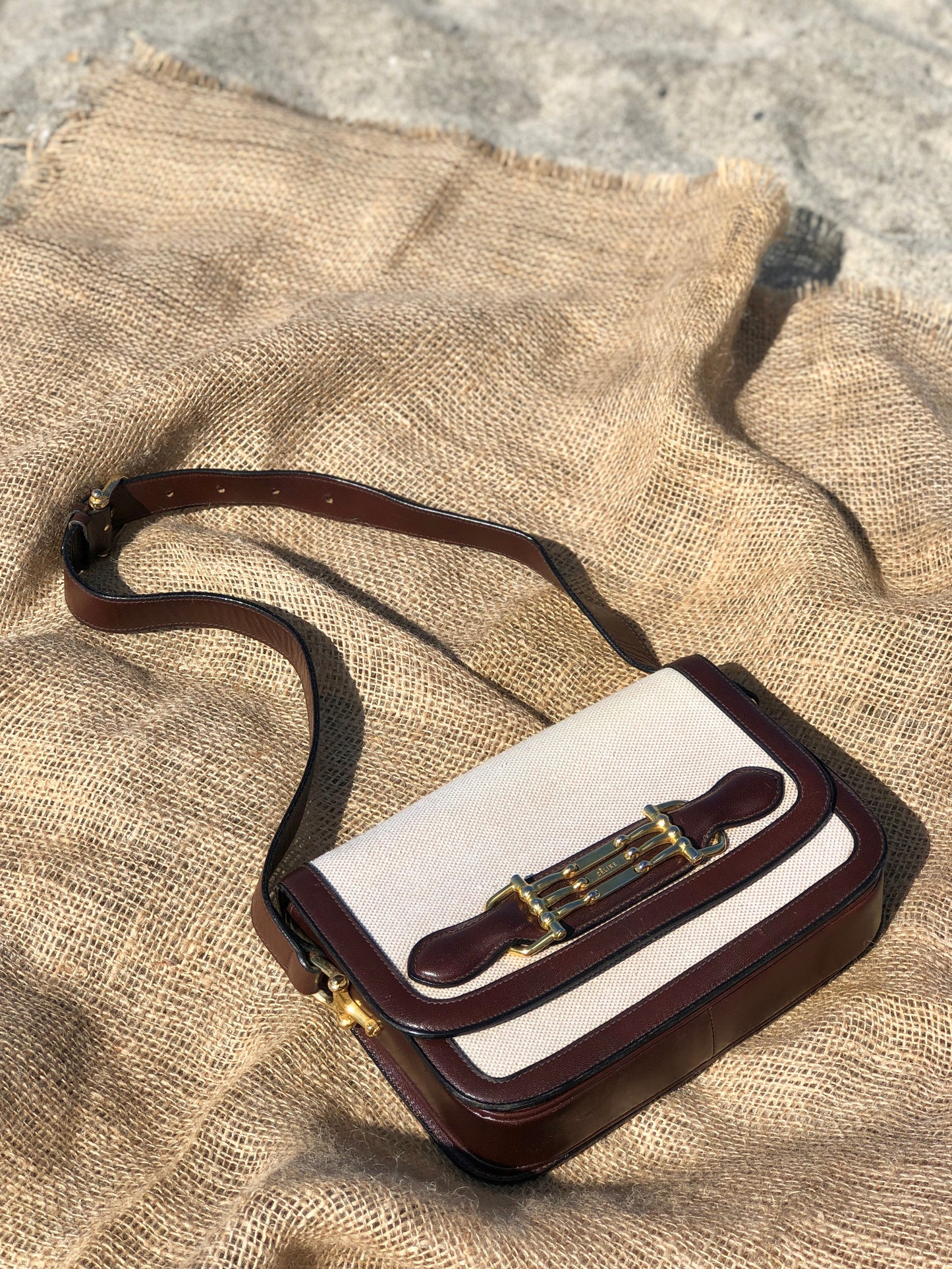 CELINE Horsebit Canvas Shoulderbag Beige Vintage OldCELINE dv4pv7