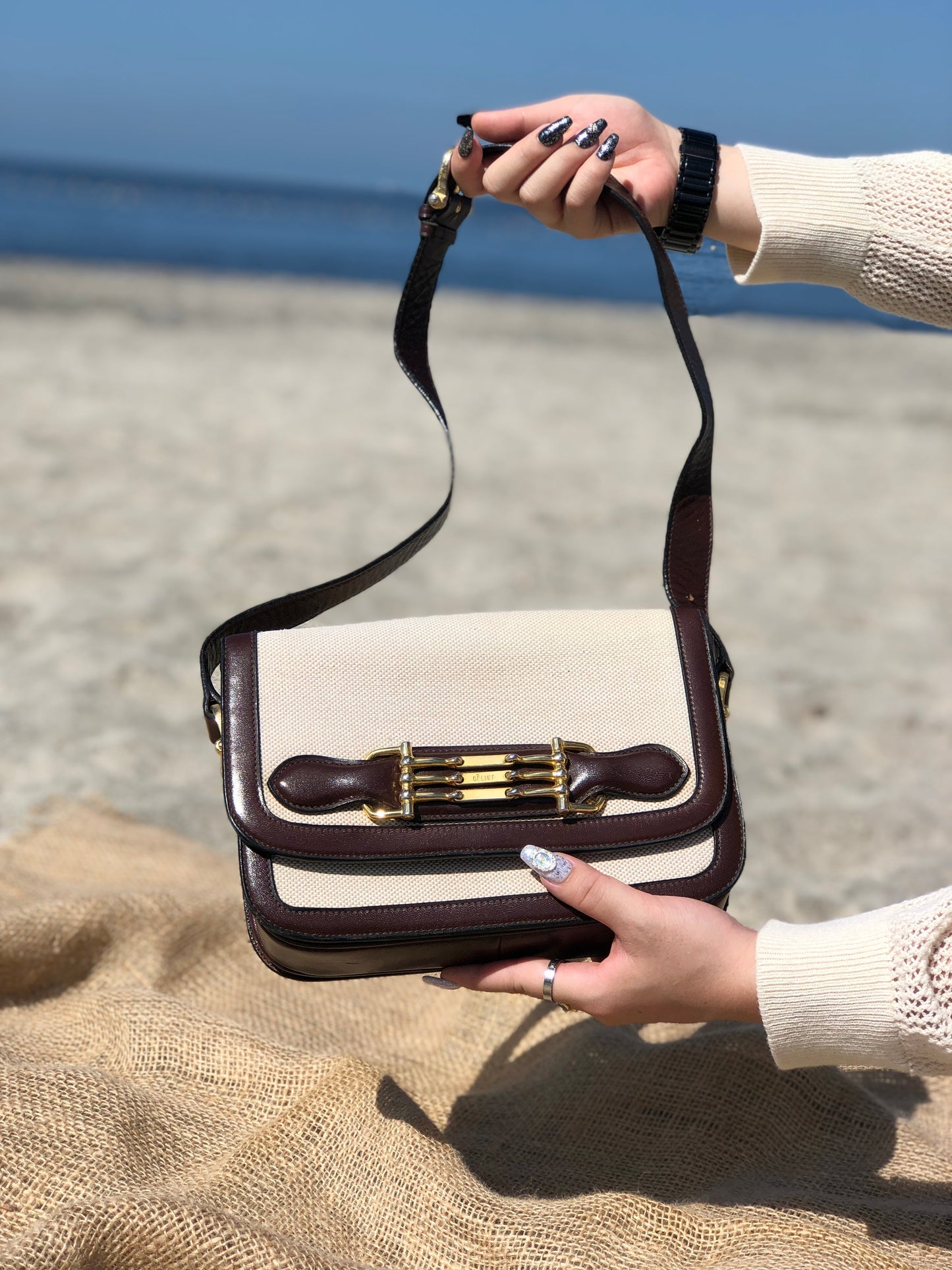 CELINE Horsebit Canvas Shoulderbag Beige Vintage OldCELINE dv4pv7