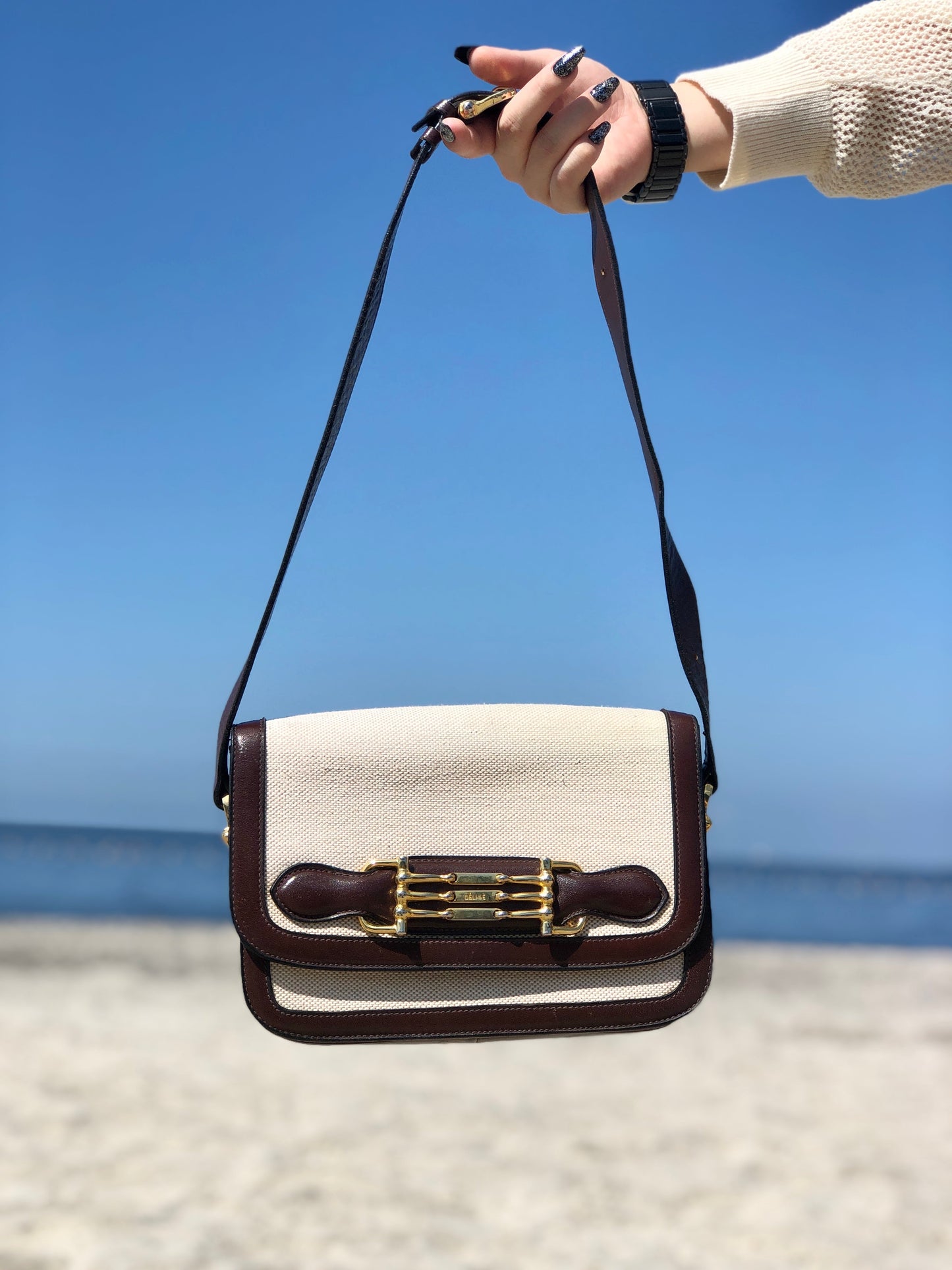 CELINE Horsebit Canvas Shoulderbag Beige Vintage OldCELINE dv4pv7