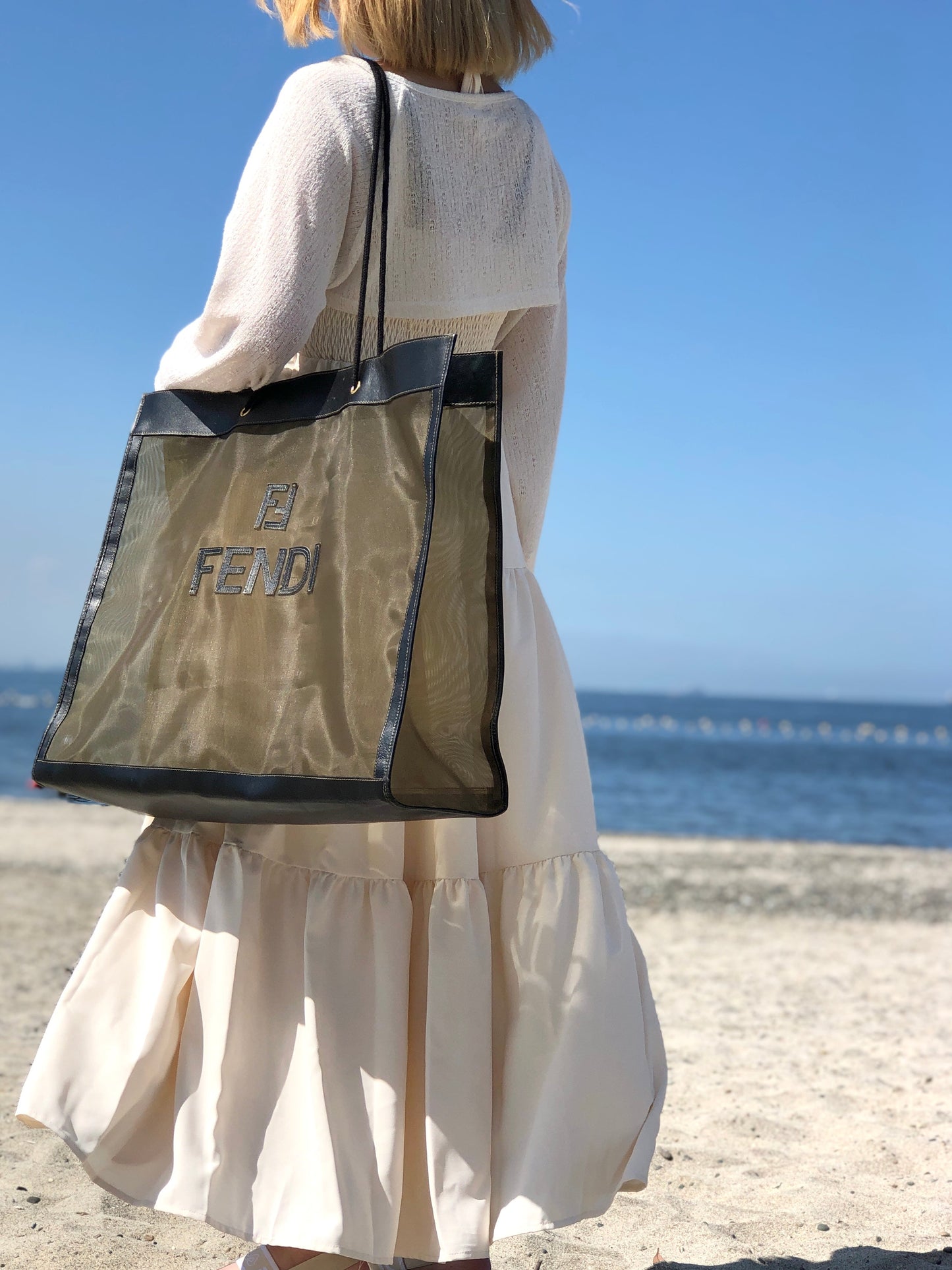 FENDI 標誌網格方形大號托特包黑色復古舊款 rcvsmr