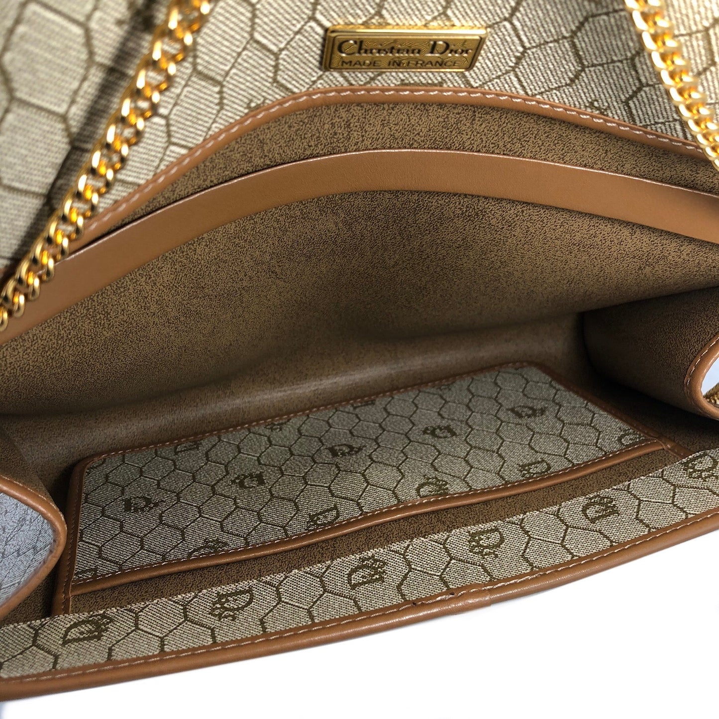 Christian Dior Logo Honeycomb Pattern Chain Crossbody Shoulderbag Beige Vintage Old ga84w7