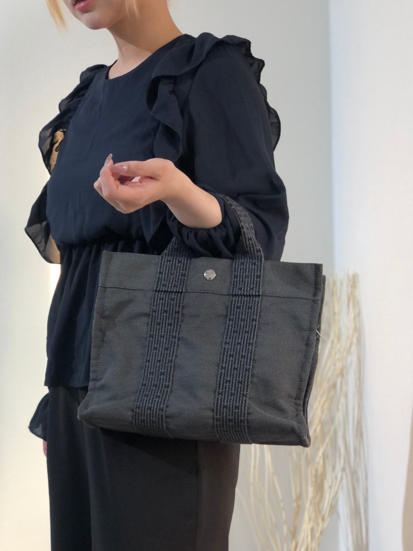 HERMES Yell line Canvas PM Handbag Gray Vintage Old teisbv