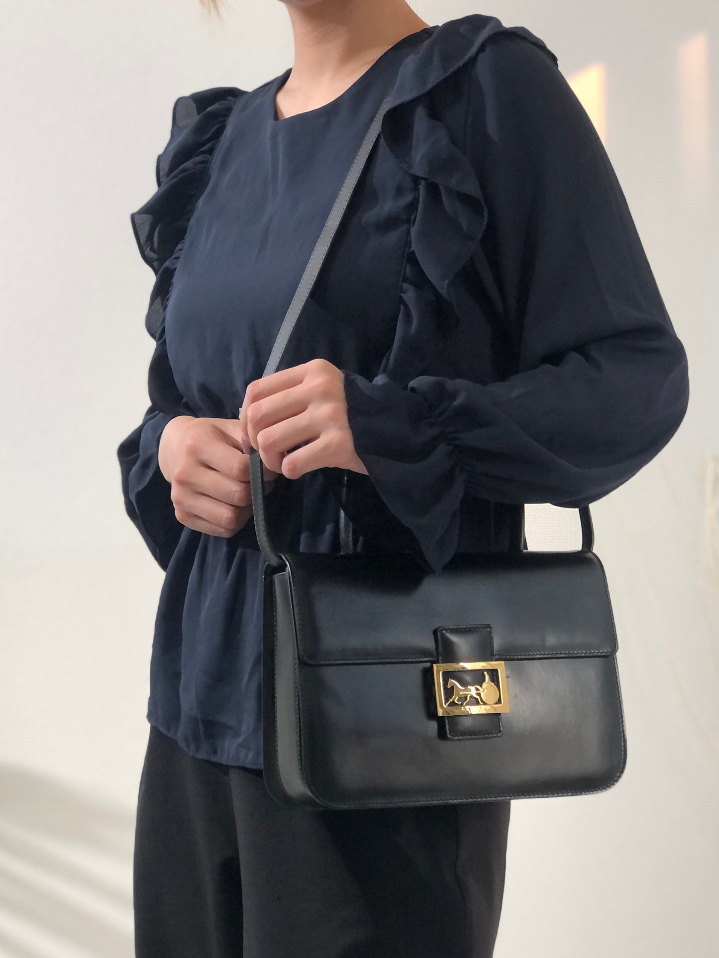 CELINE Horse Carriage Two-way Handbag Crossbody Shoulderbag Black Vintage Old CELINE amcz36