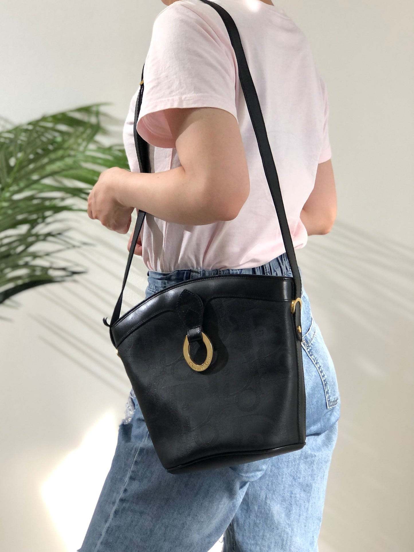 Christian Dior 標誌圖案水桶肩背包黑色復古舊款 y42cbj